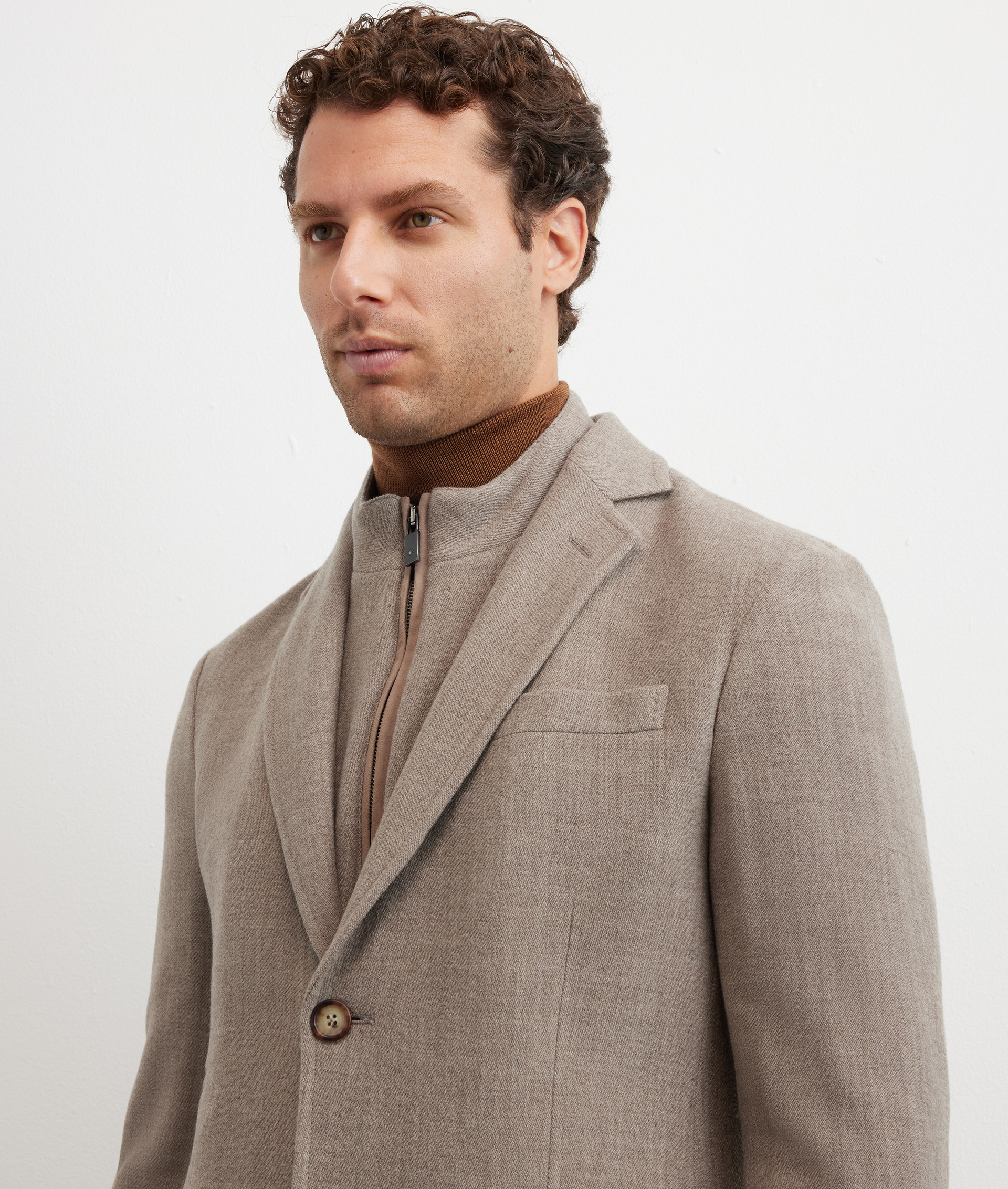 light brown single breasted jacket in stretch wool and cashmere with leather details - Pal Zileri | Official Website