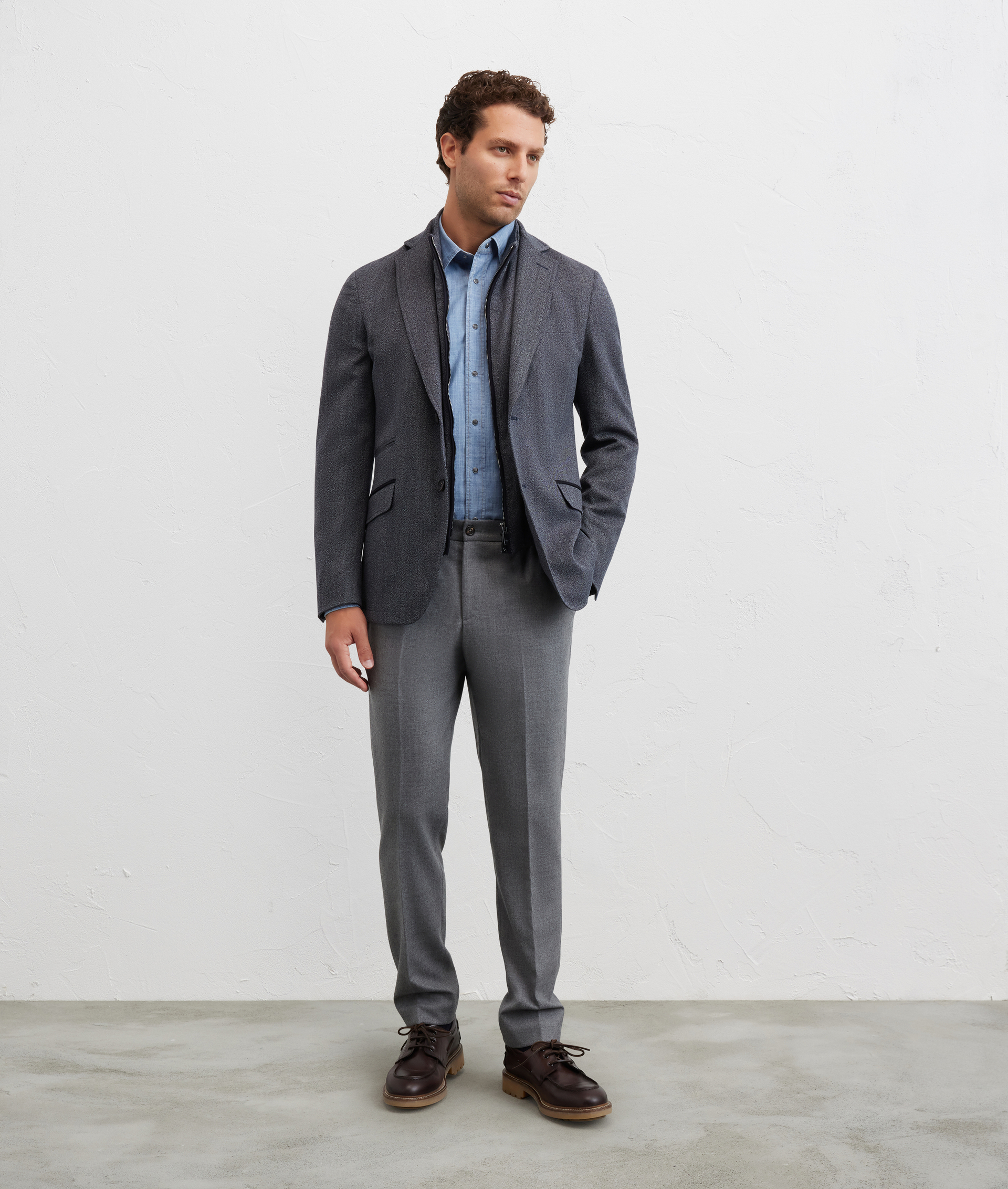 blazer single breasted wool denim effect with suede details navy blue - Suits and Blazers - Pal Zileri | Official Website