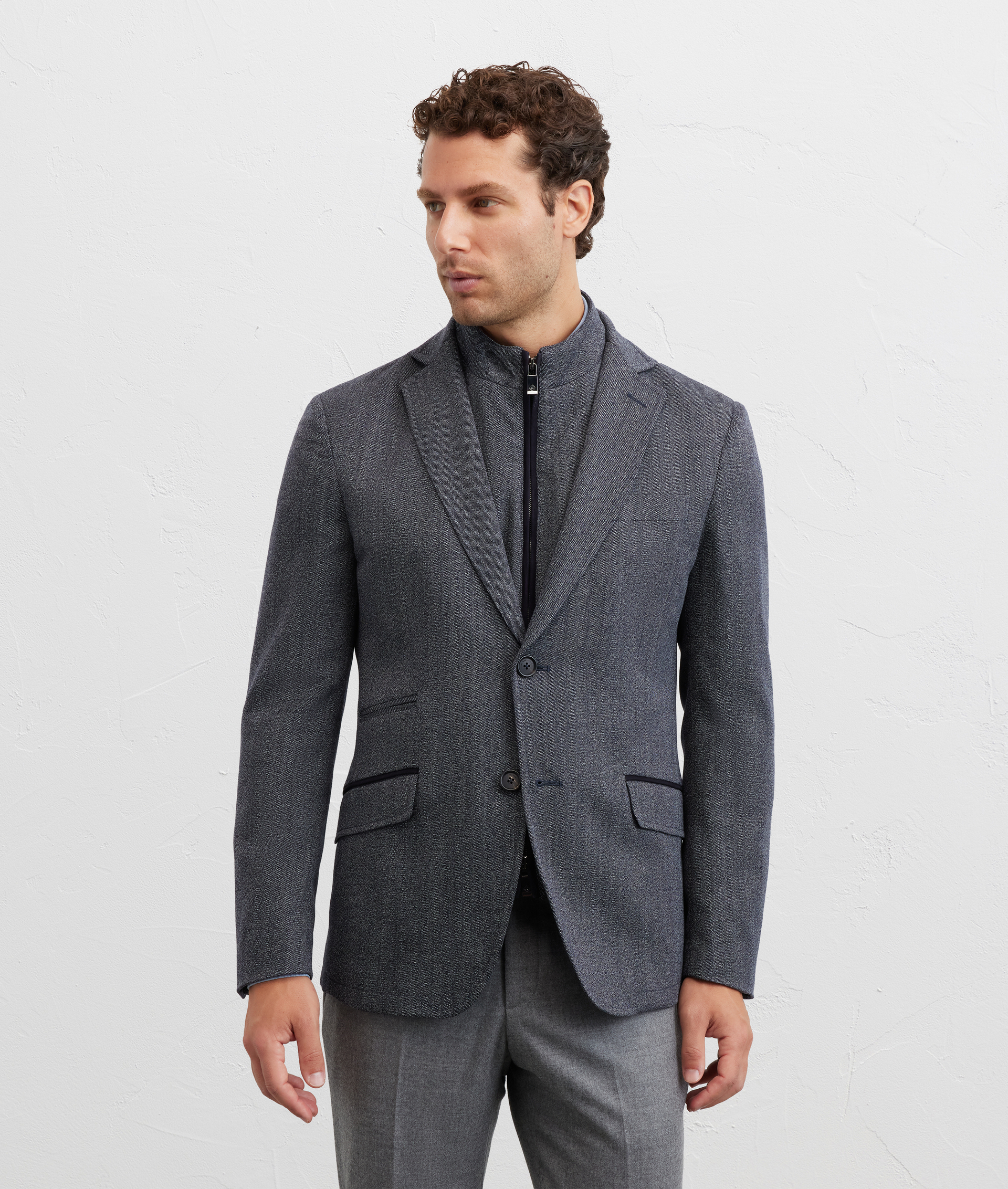 blazer single breasted wool denim effect with suede details navy blue - Pal Zileri | Official Website