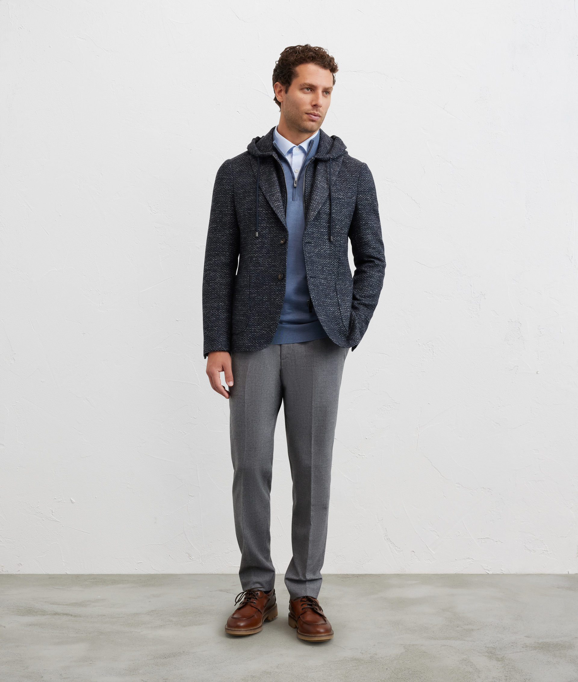 single breasted navy blue jacket in technical fabric with removable hood - Outerwear - Pal Zileri | Official Website