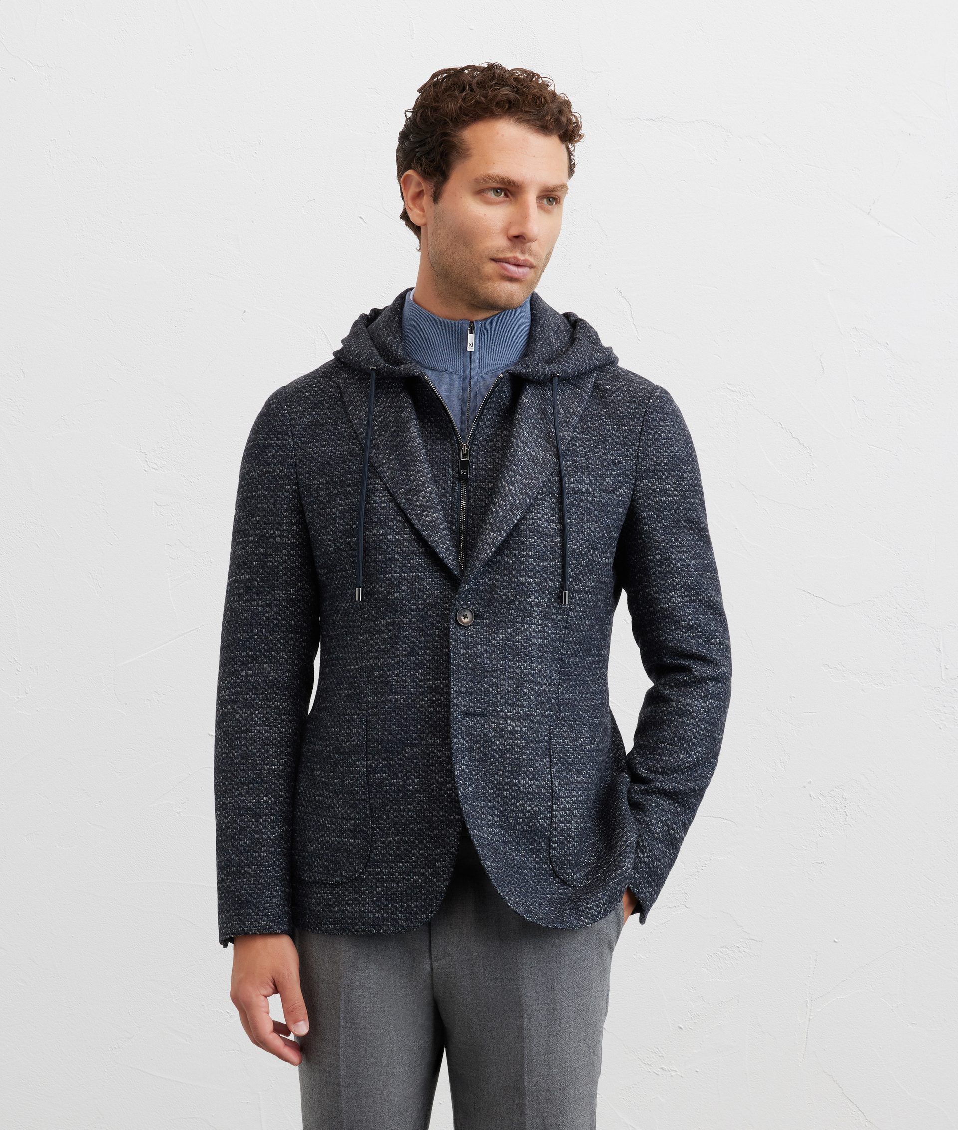 single breasted navy blue jacket in technical fabric with removable hood - Pal Zileri | Official Website