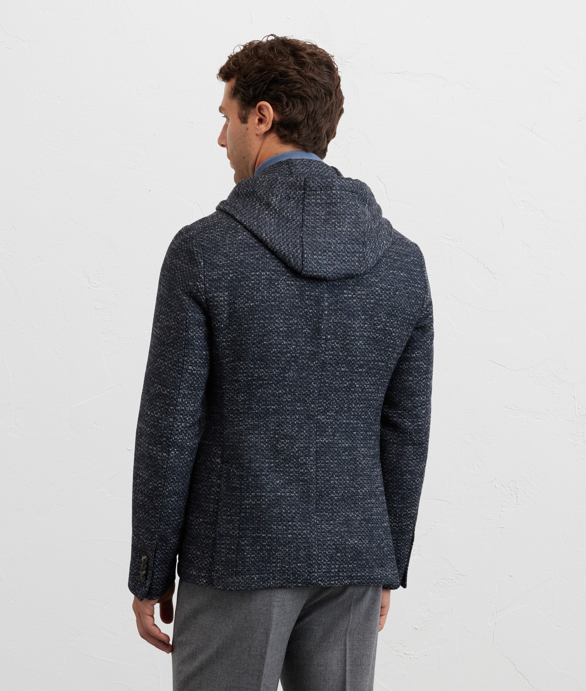 single breasted navy blue jacket in technical fabric with removable hood - Pal Zileri | Official Website