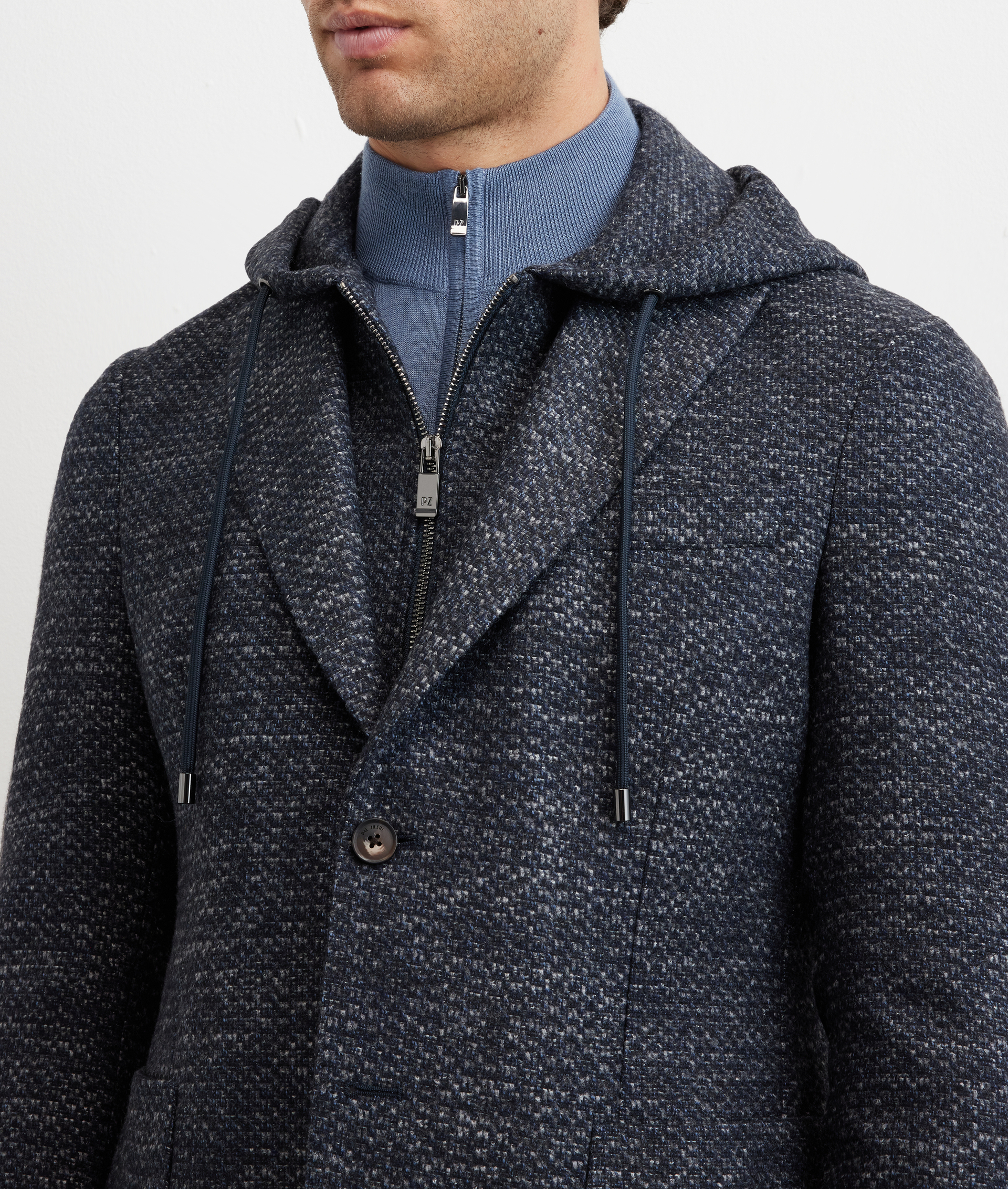 single breasted navy blue jacket in technical fabric with removable hood - Pal Zileri | Official Website