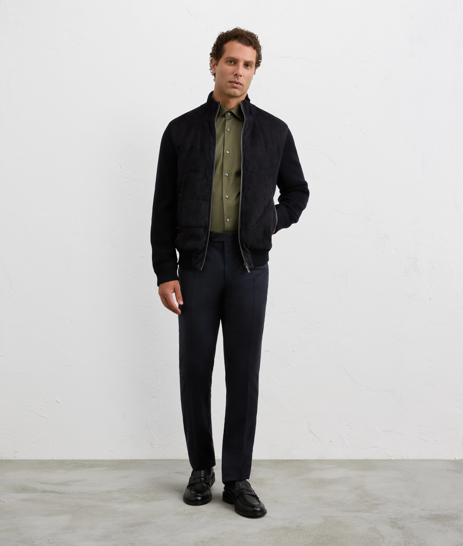 navy blue goat suede blouson with knitted sleeves and back | Pal Zileri