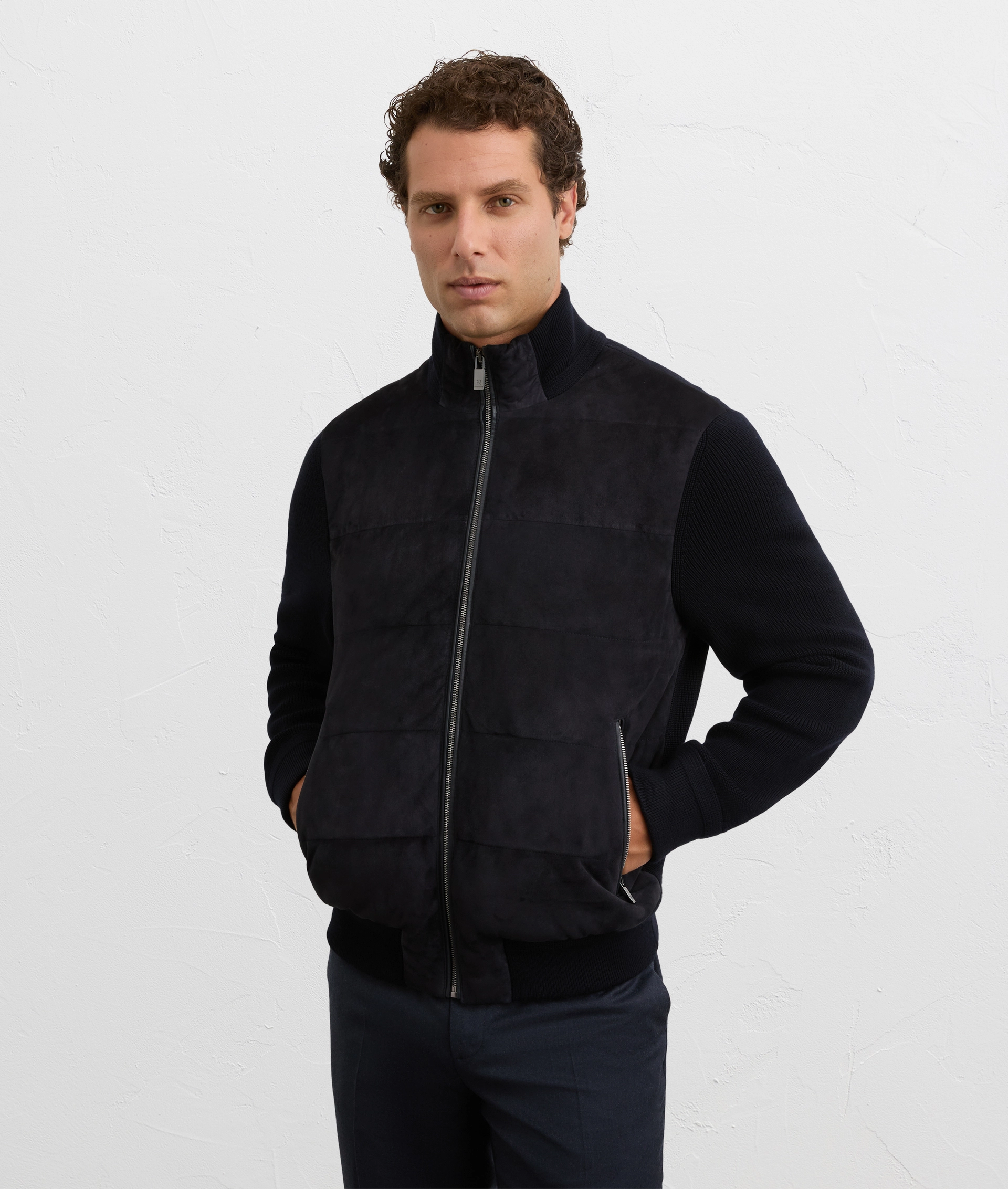 navy blue goat suede blouson with knitted sleeves and back | Pal Zileri