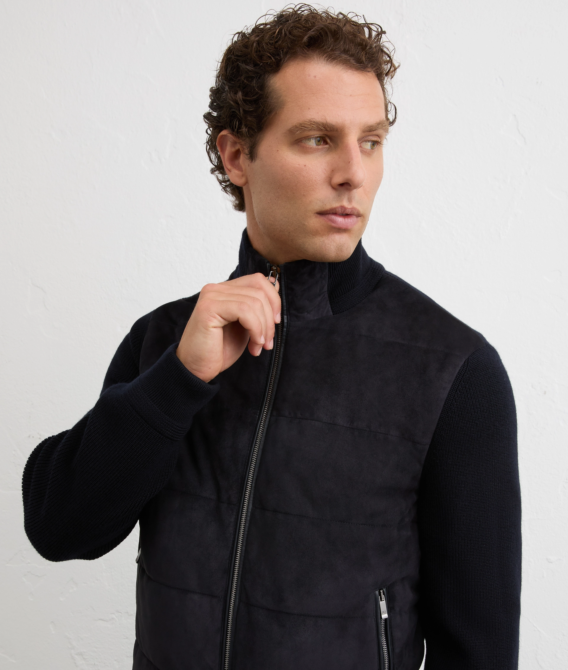 navy blue goat suede blouson with knitted sleeves and back | Pal Zileri