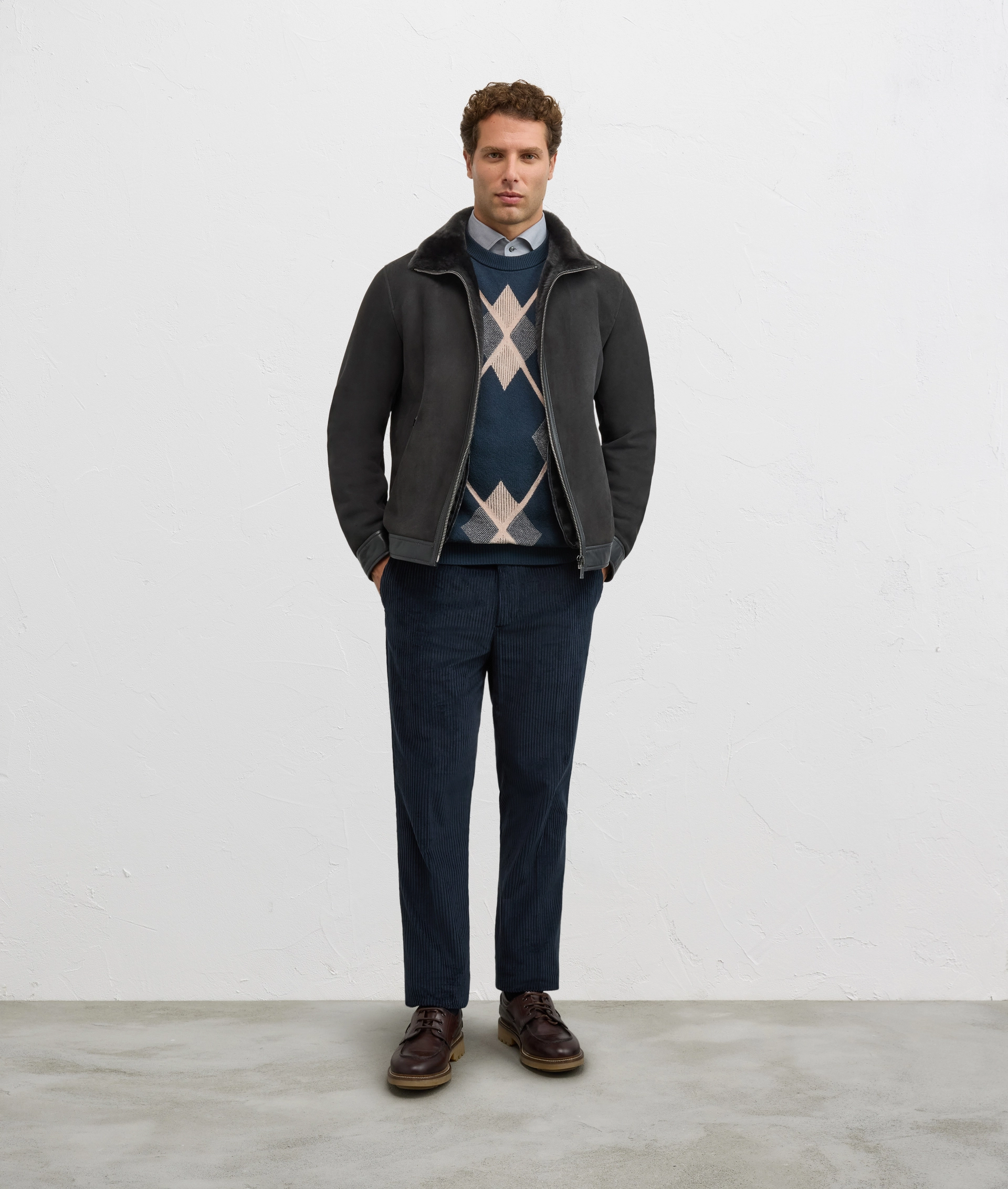 dark grey lambskin blouson with stand up collar - Outerwear - Pal Zileri | Official Website