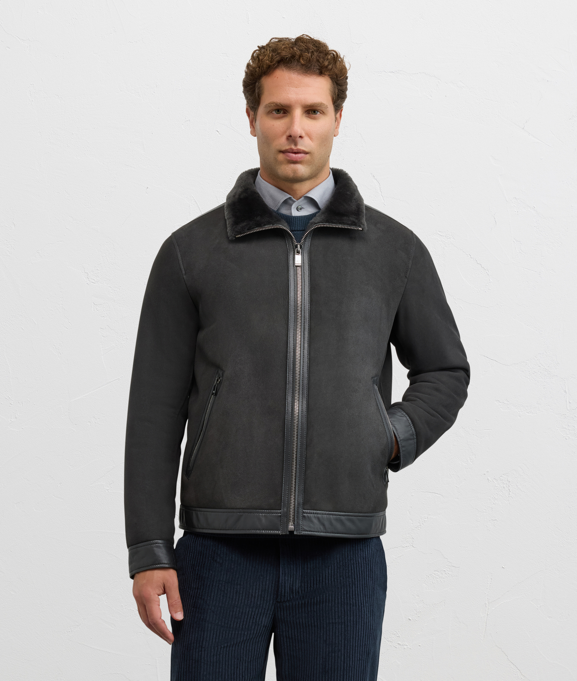 dark grey lambskin blouson with stand up collar - Pal Zileri | Official Website