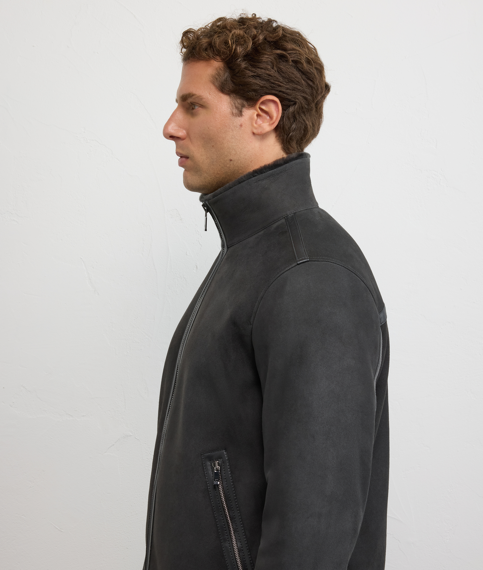 dark grey lambskin blouson with stand up collar - Pal Zileri | Official Website