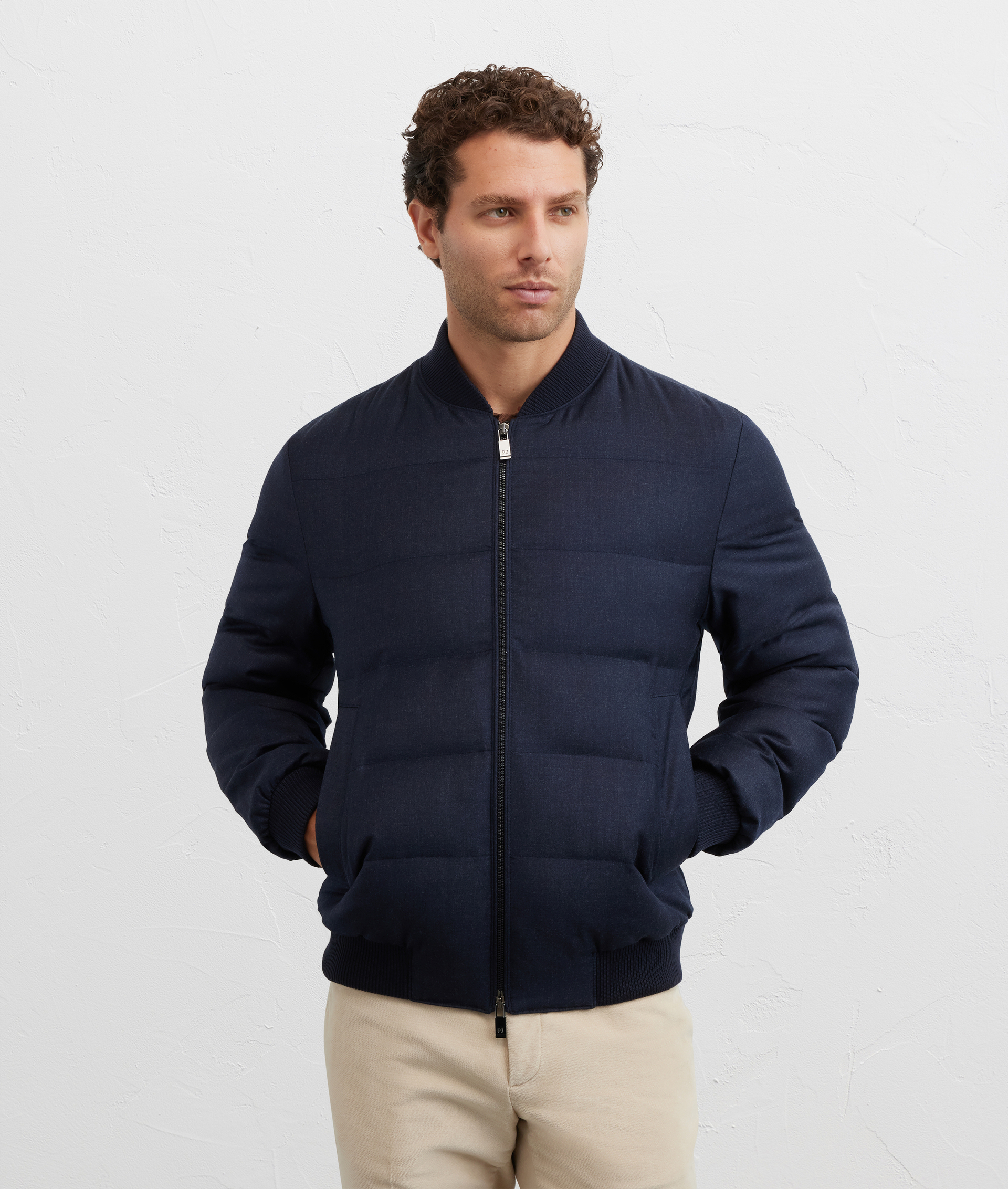 bomber in navy blue melange wool and flannel - Pal Zileri | Official Website