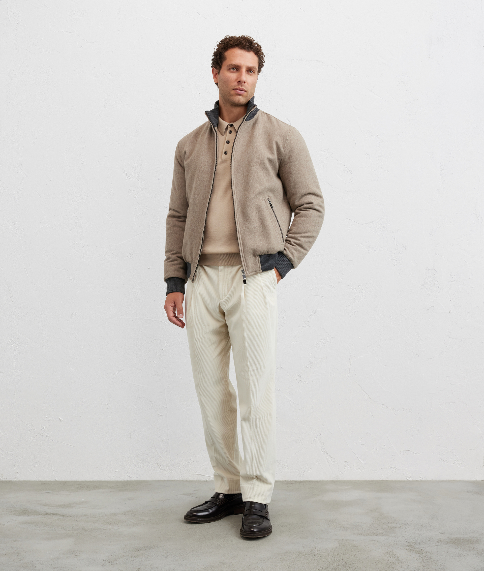 light brown bomber jacket with stand up collar and welt side pockets - Pal Zileri | Official Website
