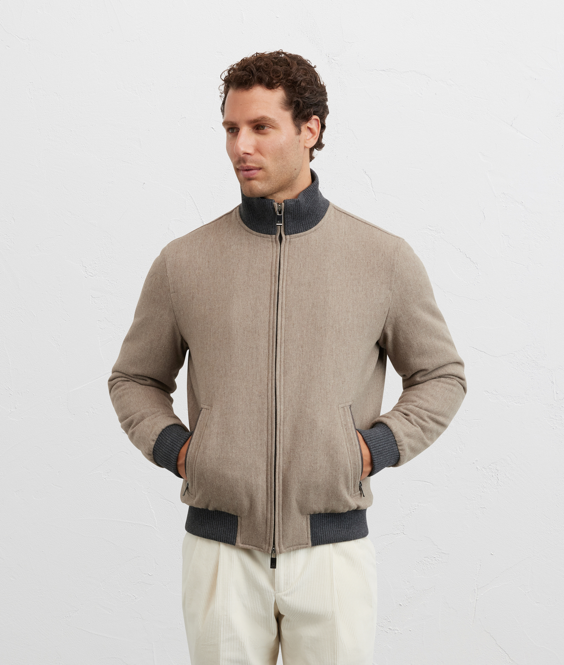 light brown bomber jacket with stand up collar and welt side pockets - Pal Zileri | Official Website