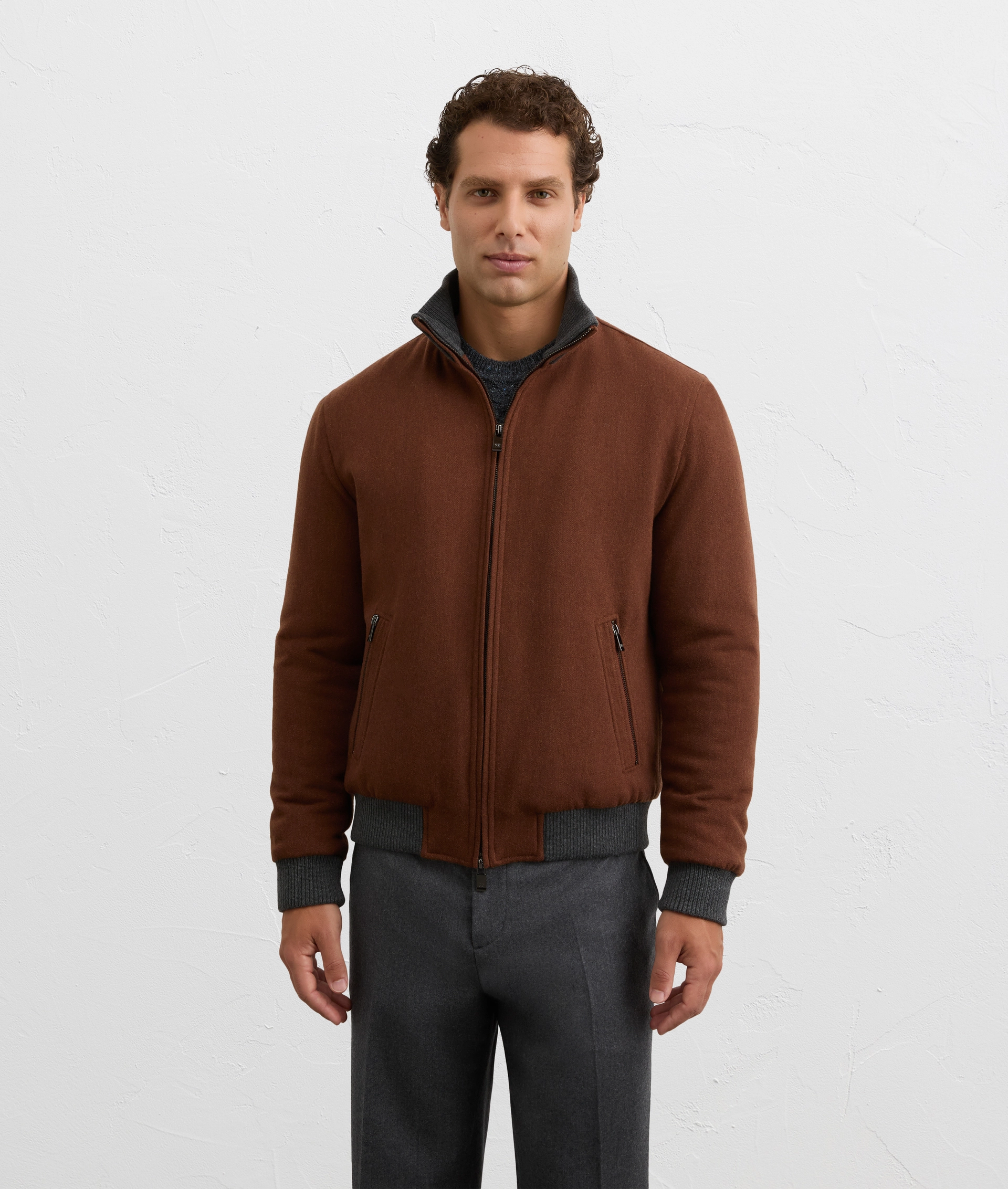 men brown bomber jacket regular fit in wool and polyester | Pal Zileri
