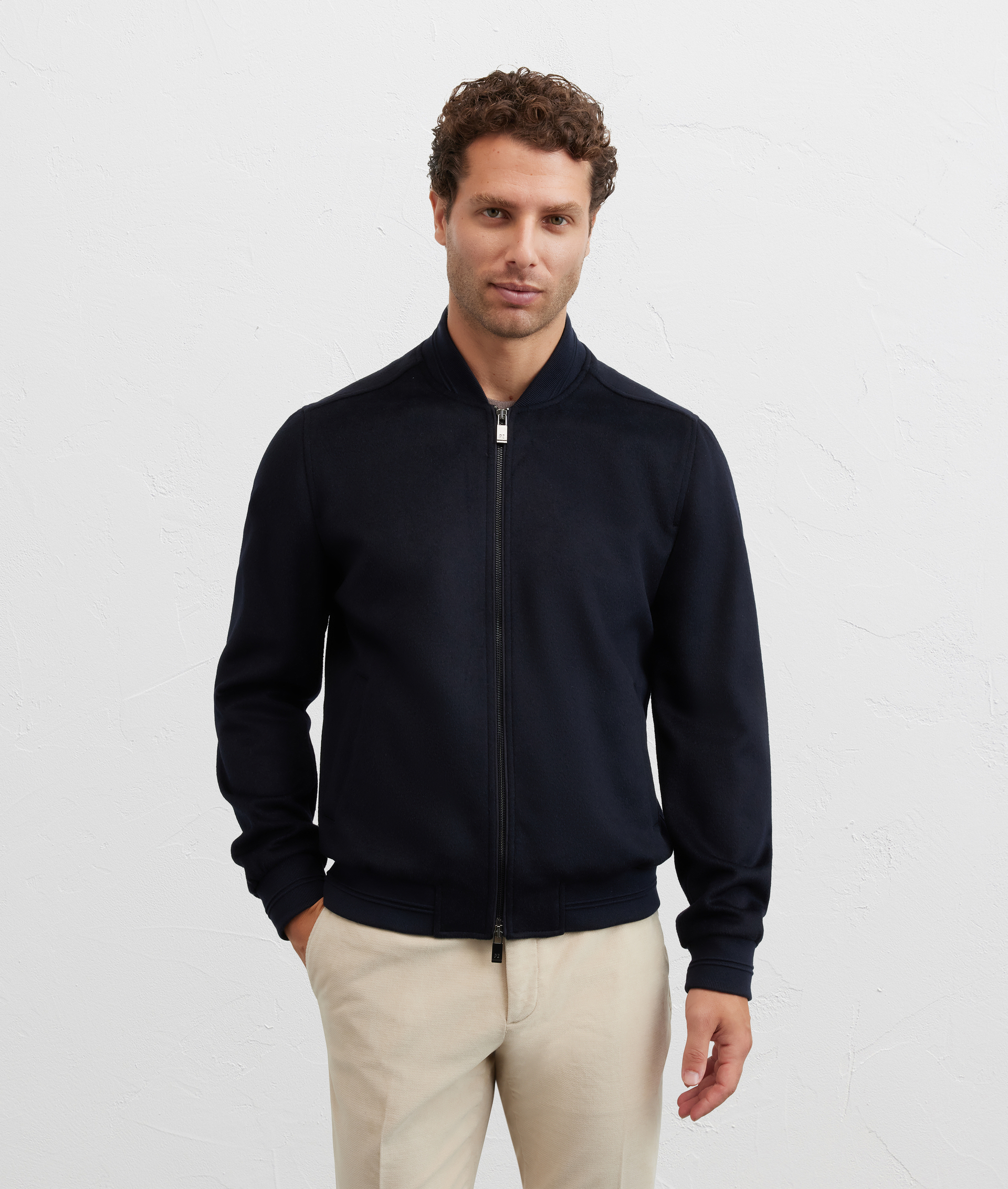 bomber with side pockets and central zip closure in navy blue wool and polyester - Pal Zileri | Official Website