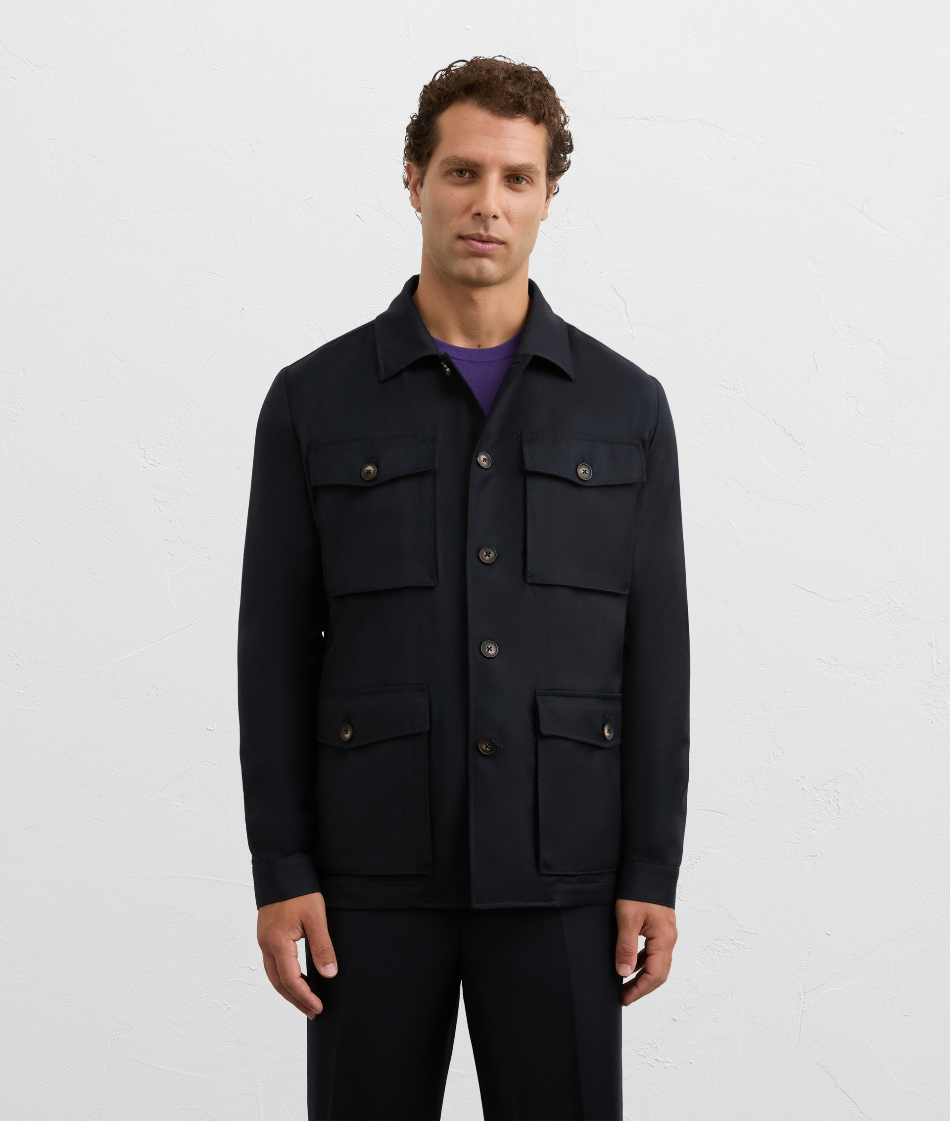 field jacket four applied pockets with button in navy blue virgin wool and cashmere | Pal Zileri