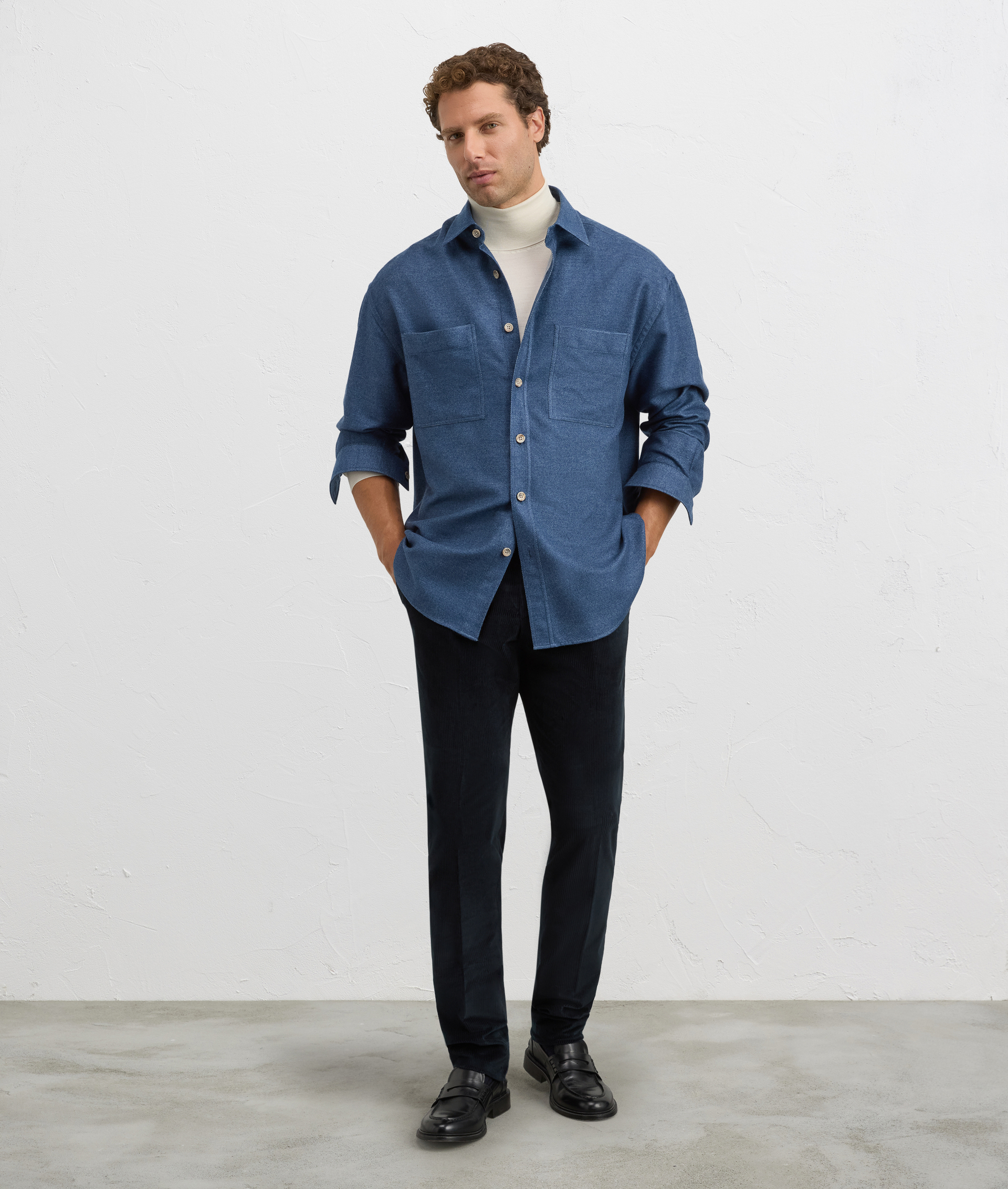 shirt curtain collar relaxed fit in cotton and modal blue | Pal Zileri