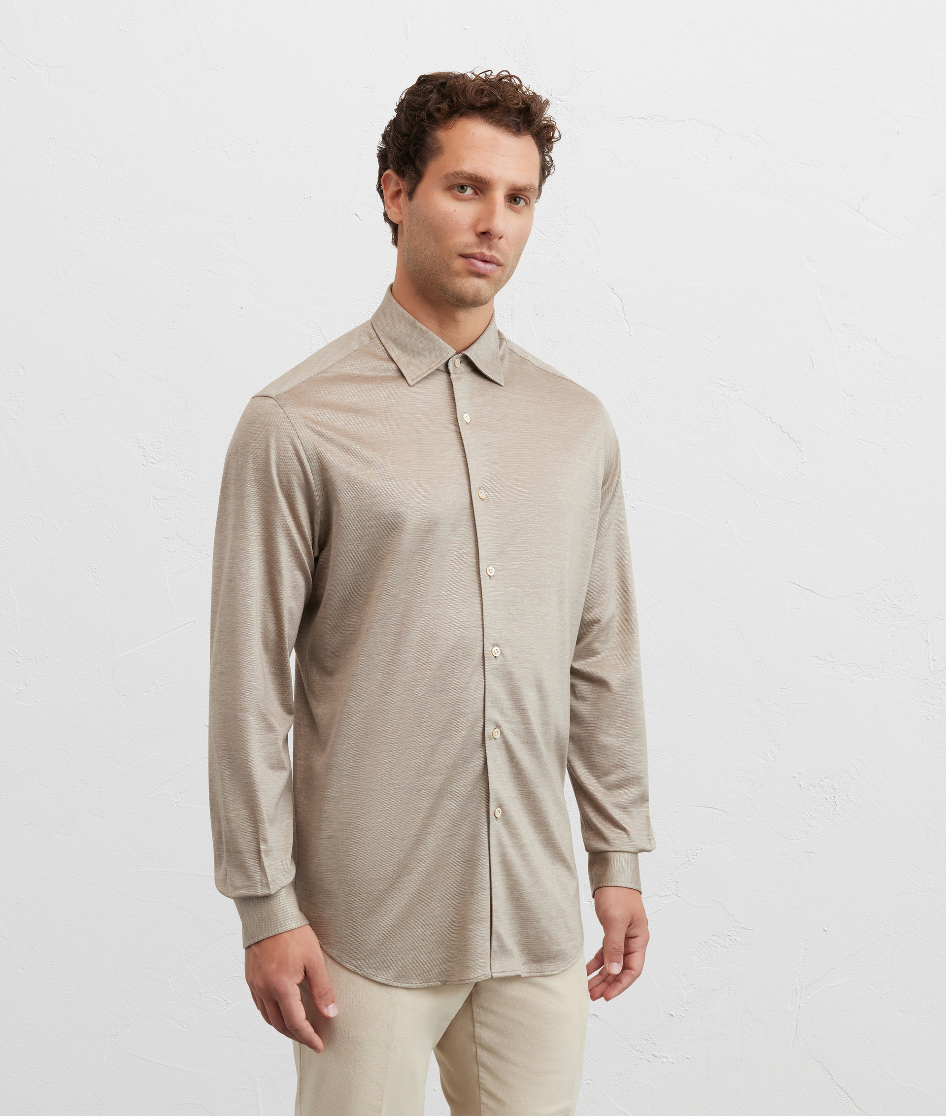 camicia collo milano regular fit in cotone e lyocell marrone chiaro - Pal Zileri | Official Website