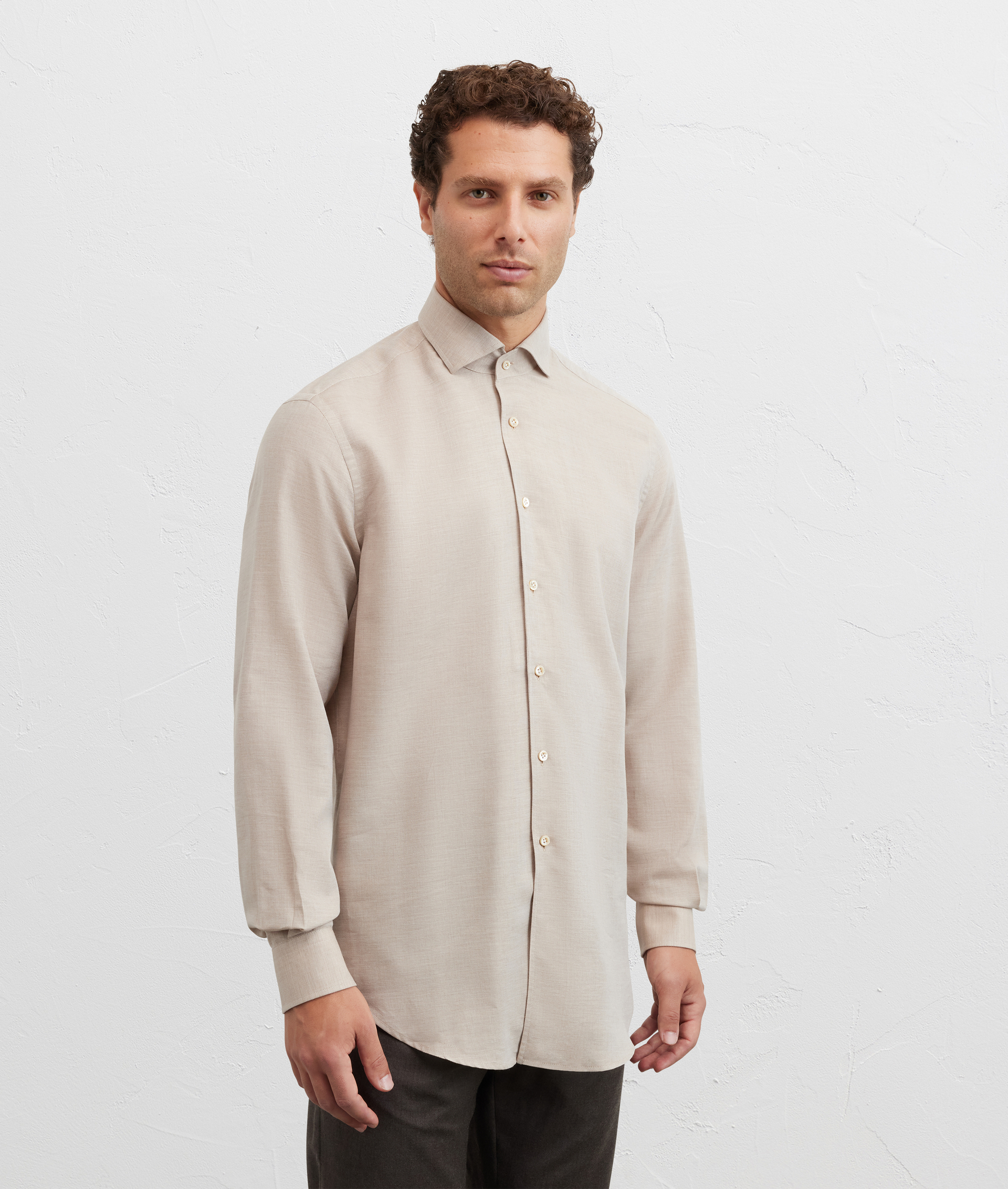 camicia collo palermo regular fit in cotone e cashmere marrone chiaro - Pal Zileri | Official Website