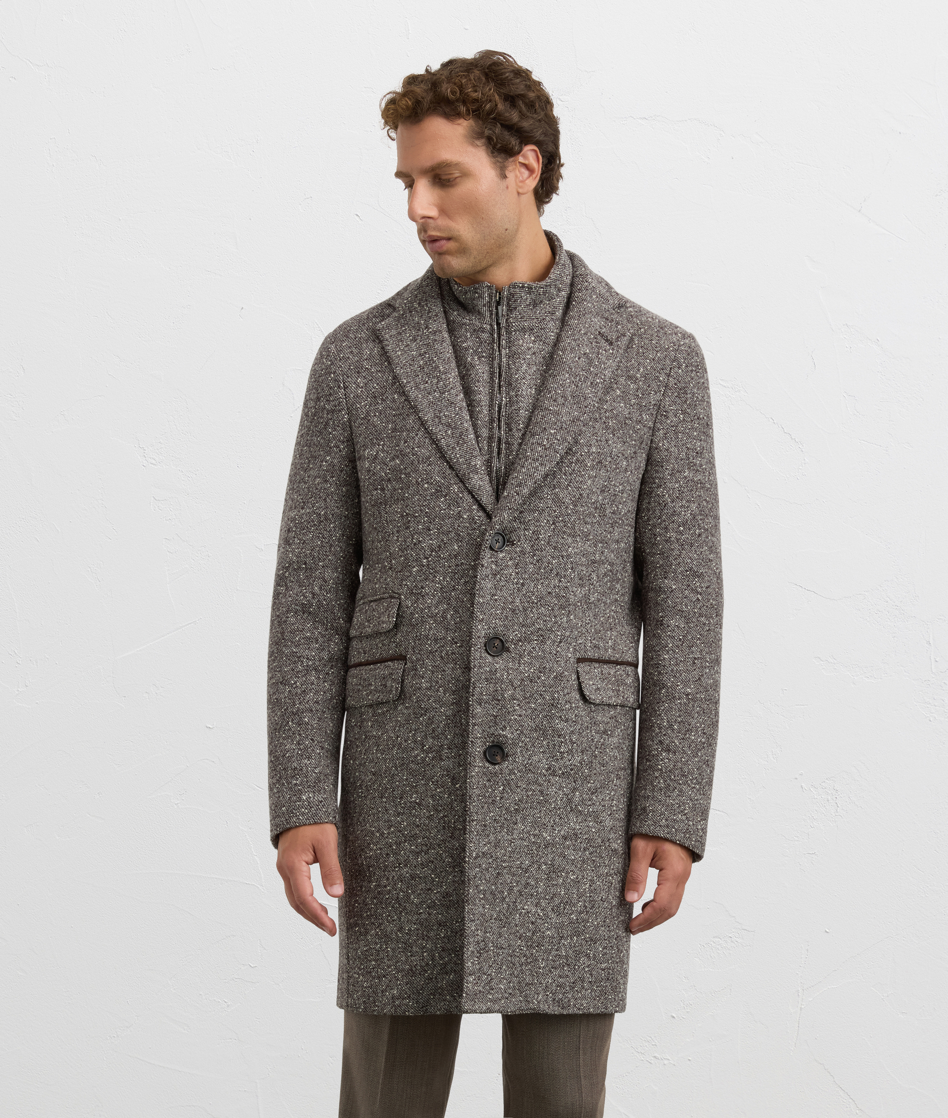 brown single breasted slim fit coat in wool and nylon | Pal Zileri