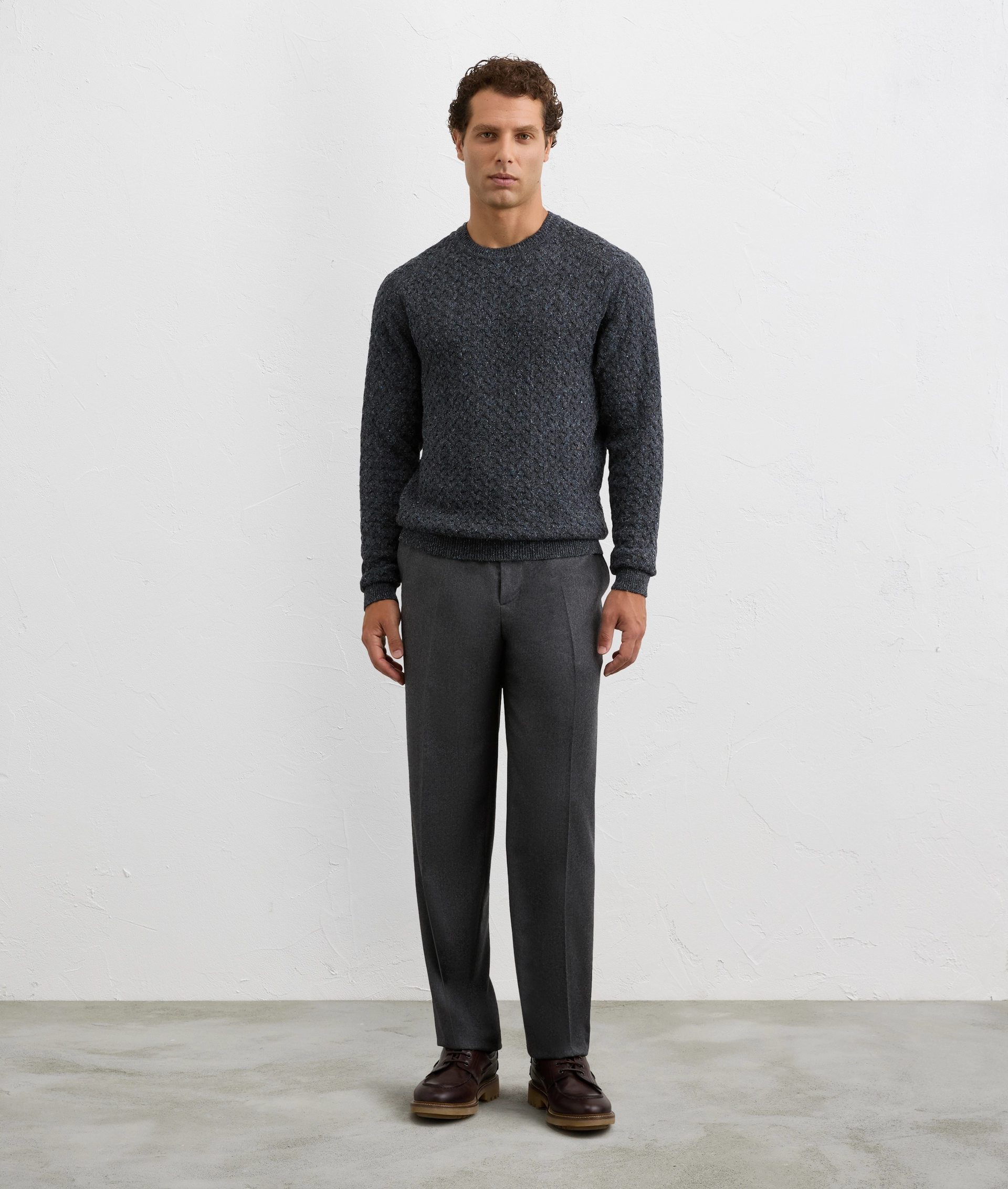 navy blue regular fit long sleeve crewneck sweater in cotton and silk | Pal Zileri