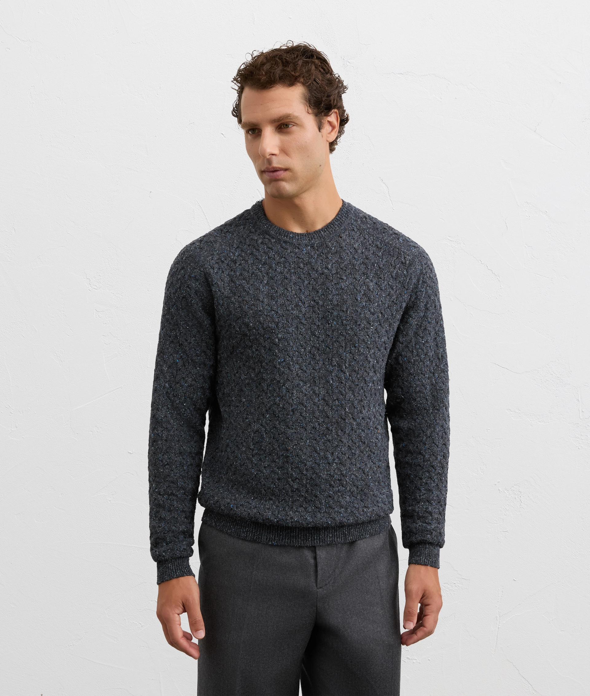 navy blue regular fit long sleeve crewneck sweater in cotton and silk | Pal Zileri