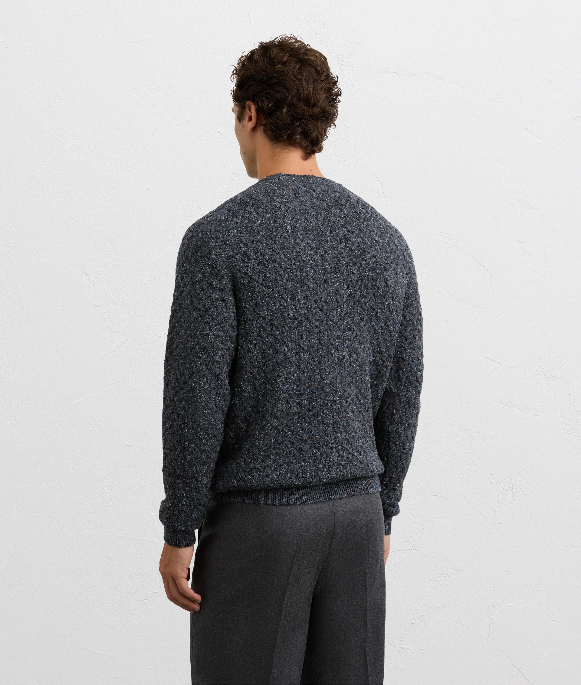 navy blue regular fit long sleeve crewneck sweater in cotton and silk | Pal Zileri
