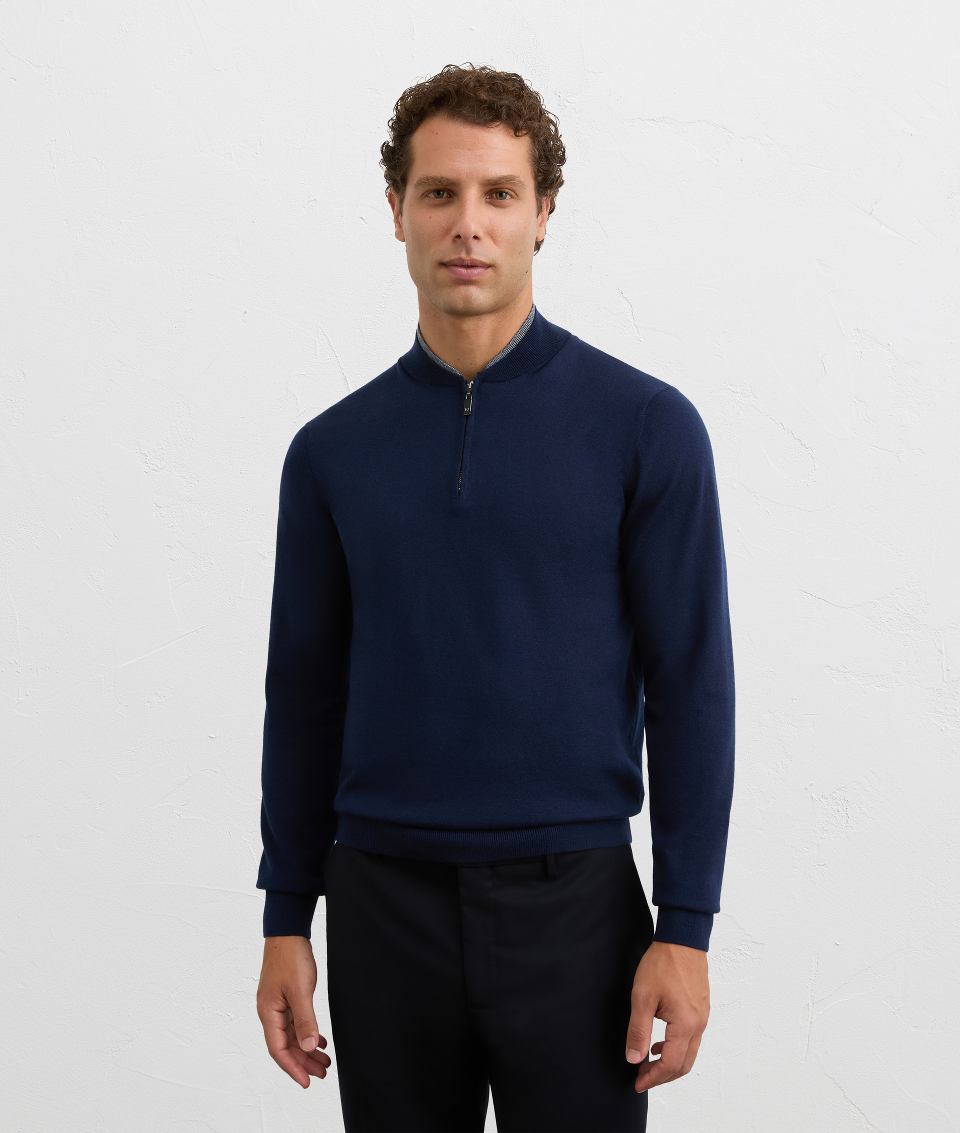 navy blue polo shirt with zip and bowling collar in wool and cashmere | Pal Zileri