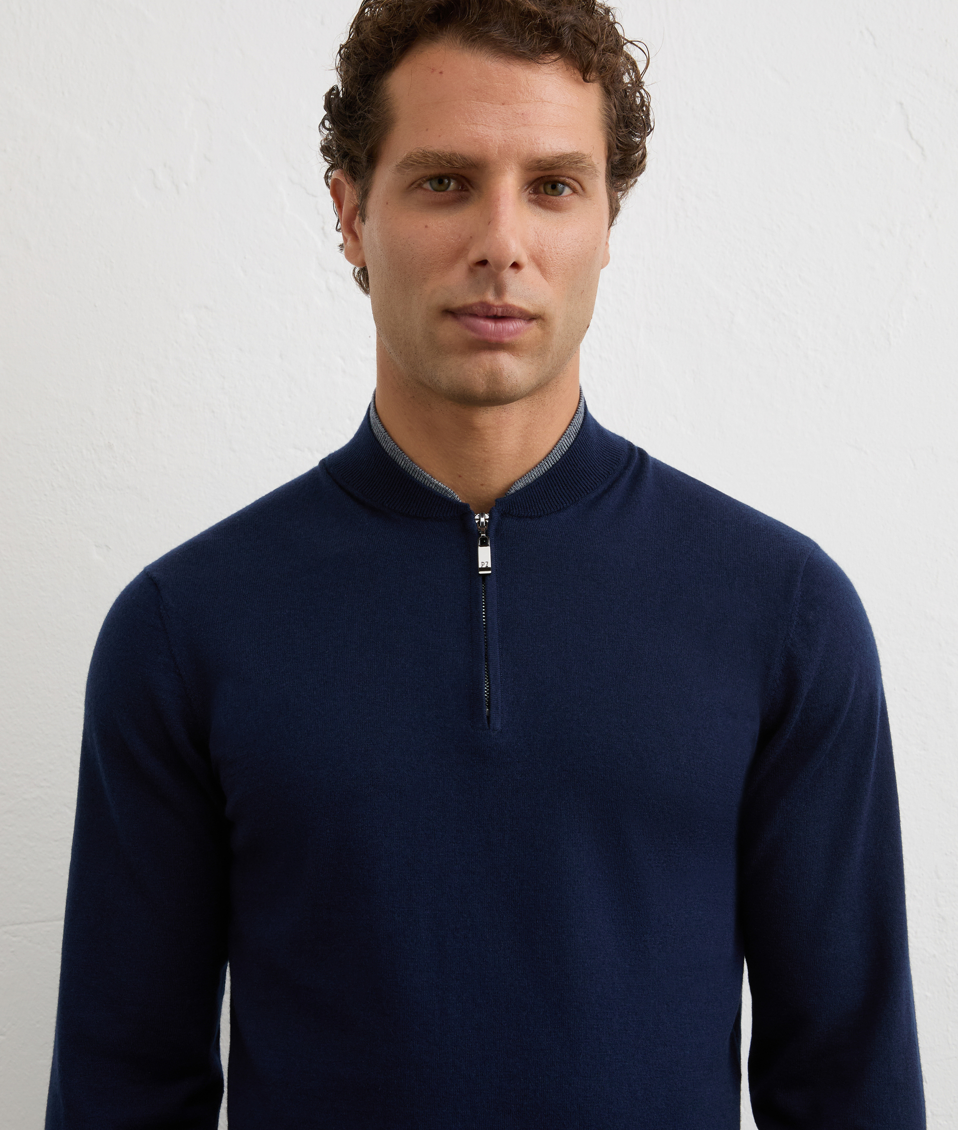 navy blue polo shirt with zip and bowling collar in wool and cashmere | Pal Zileri