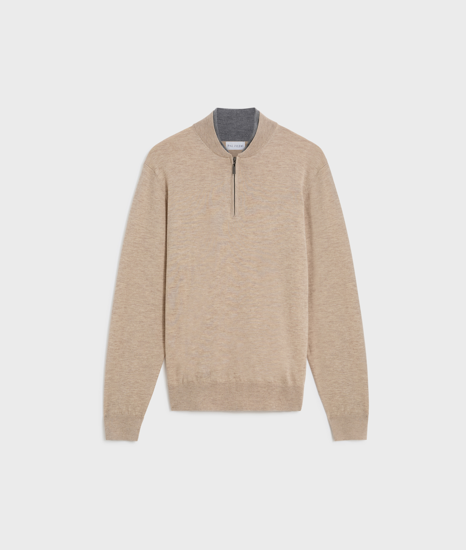 light brown polo shirt with zip and bowling collar in wool and cashmere | Pal Zileri