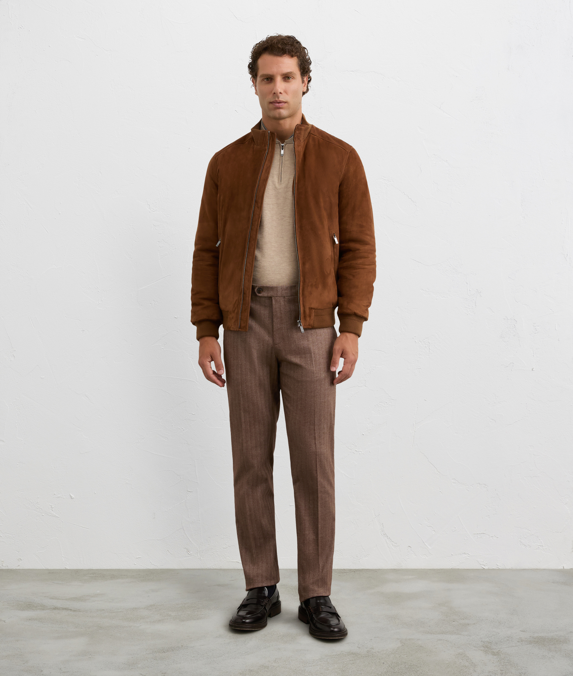 light brown polo shirt with zip and bowling collar in wool and cashmere | Pal Zileri