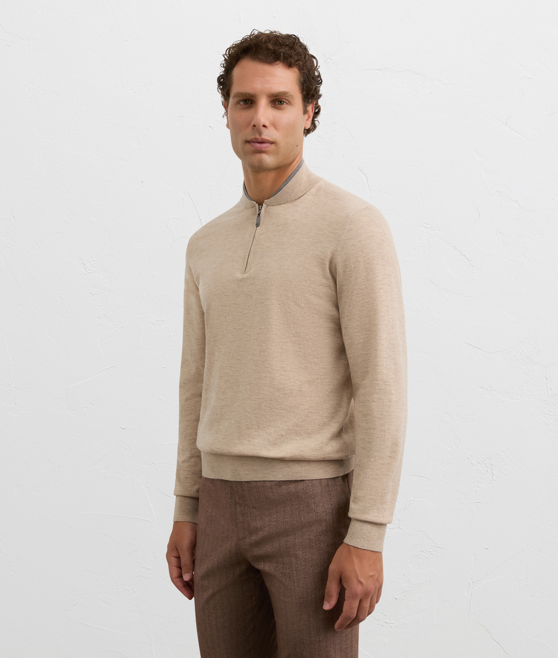light brown polo shirt with zip and bowling collar in wool and cashmere | Pal Zileri