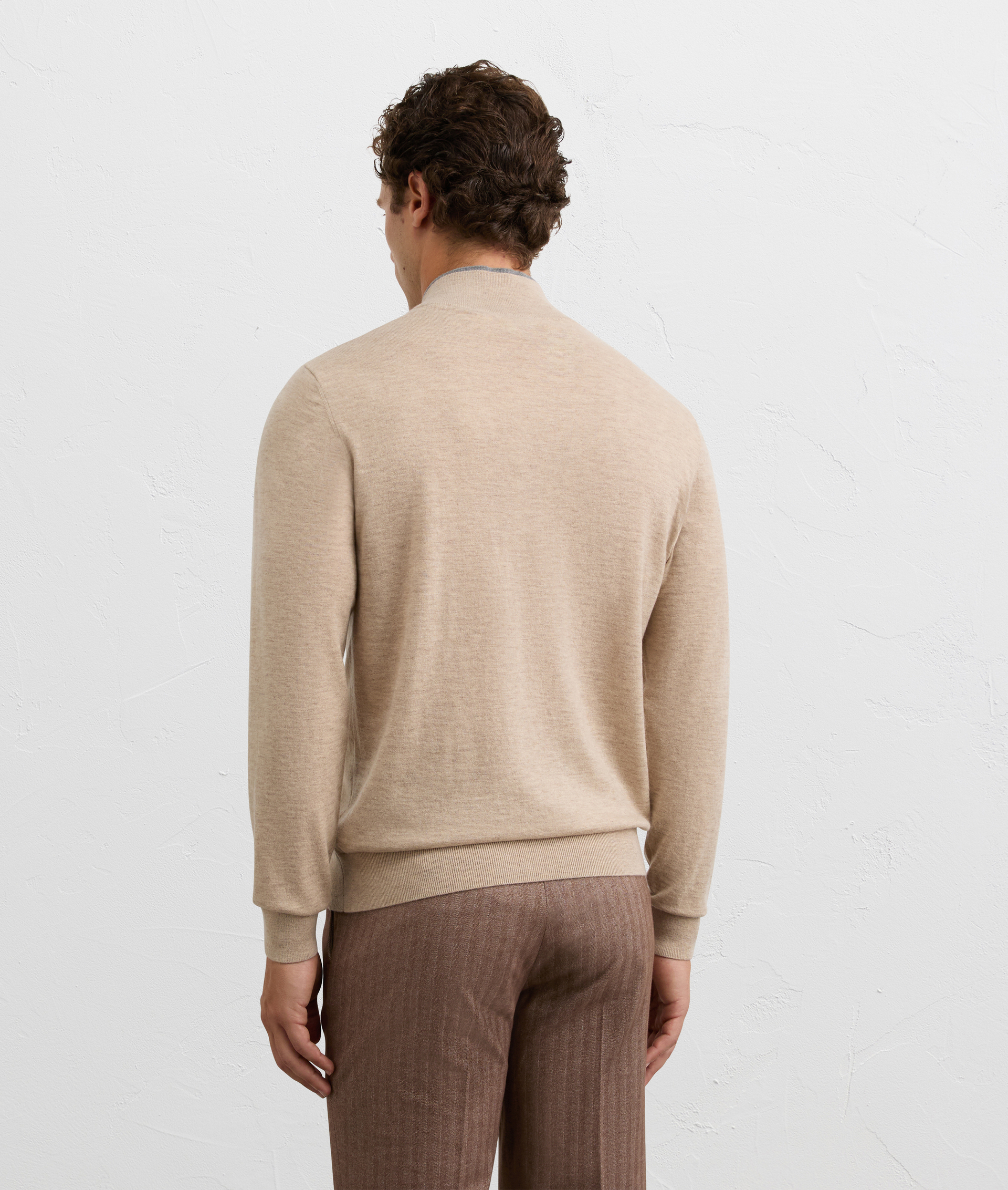 light brown polo shirt with zip and bowling collar in wool and cashmere | Pal Zileri