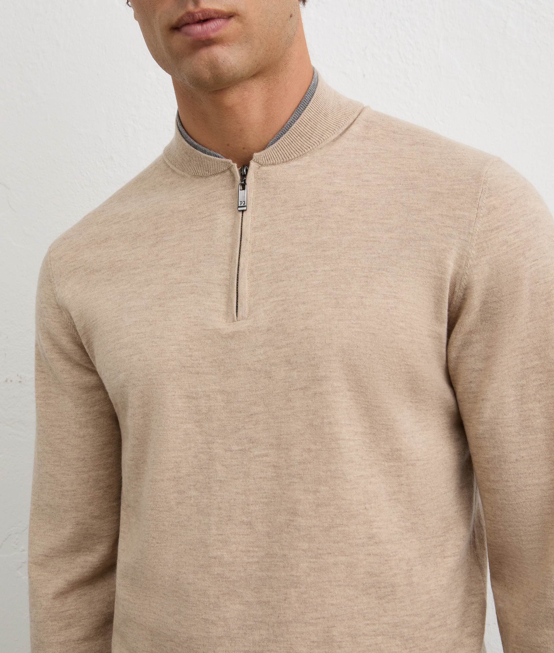 light brown polo shirt with zip and bowling collar in wool and cashmere | Pal Zileri