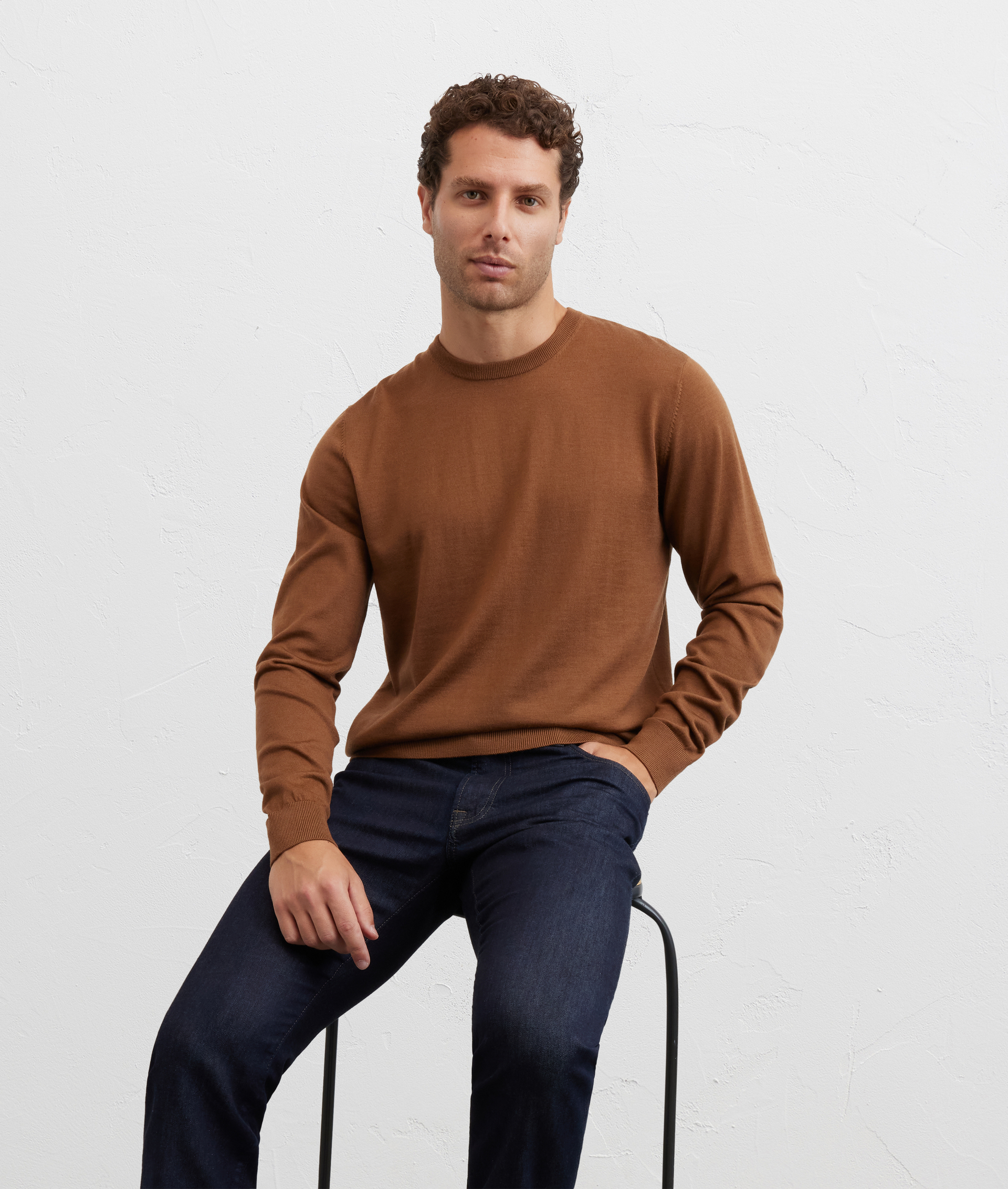 maglia girocollo a maniche lunghe regular fit in lana marrone - Pal Zileri | Official Website