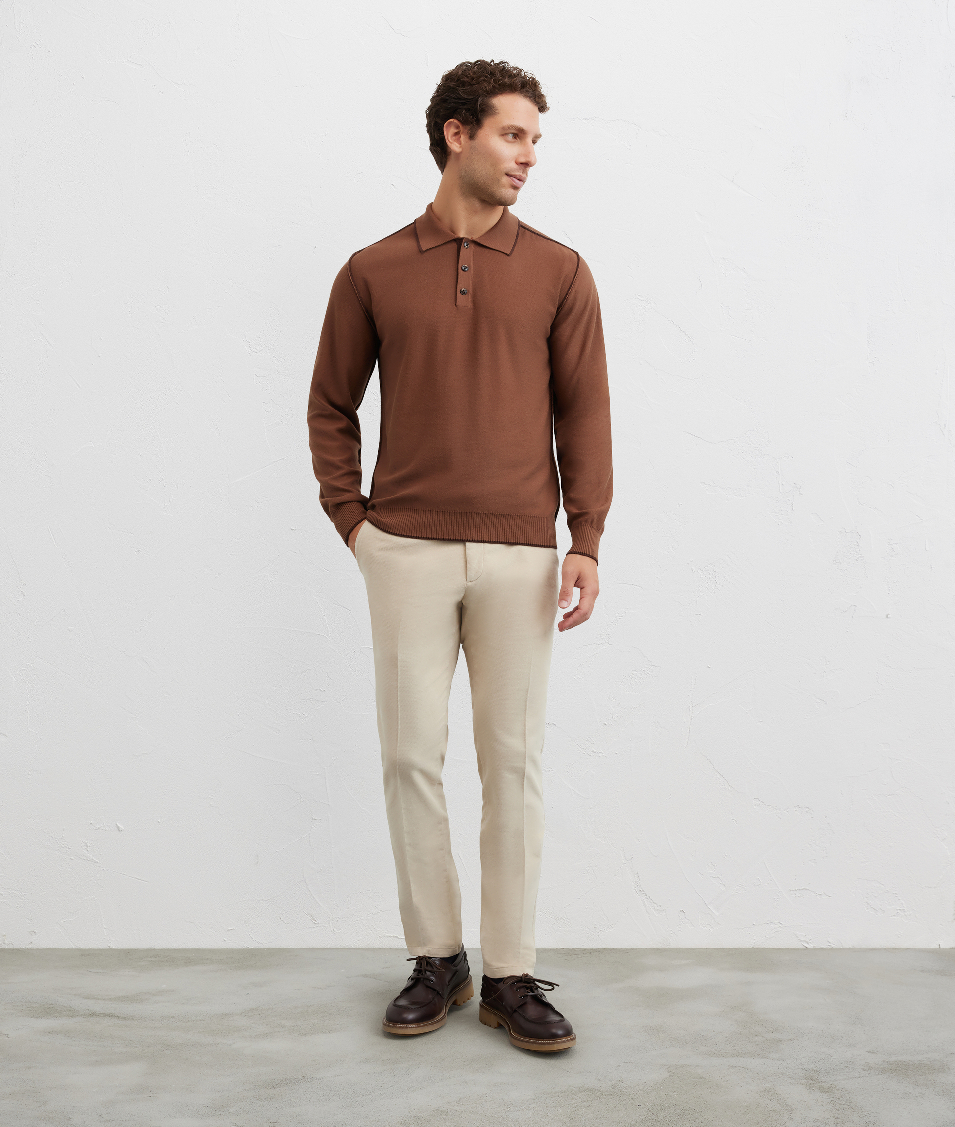 brown cotton and polyester long sleeve regular fit crewneck sweater - Knitwear - Pal Zileri | Official Website