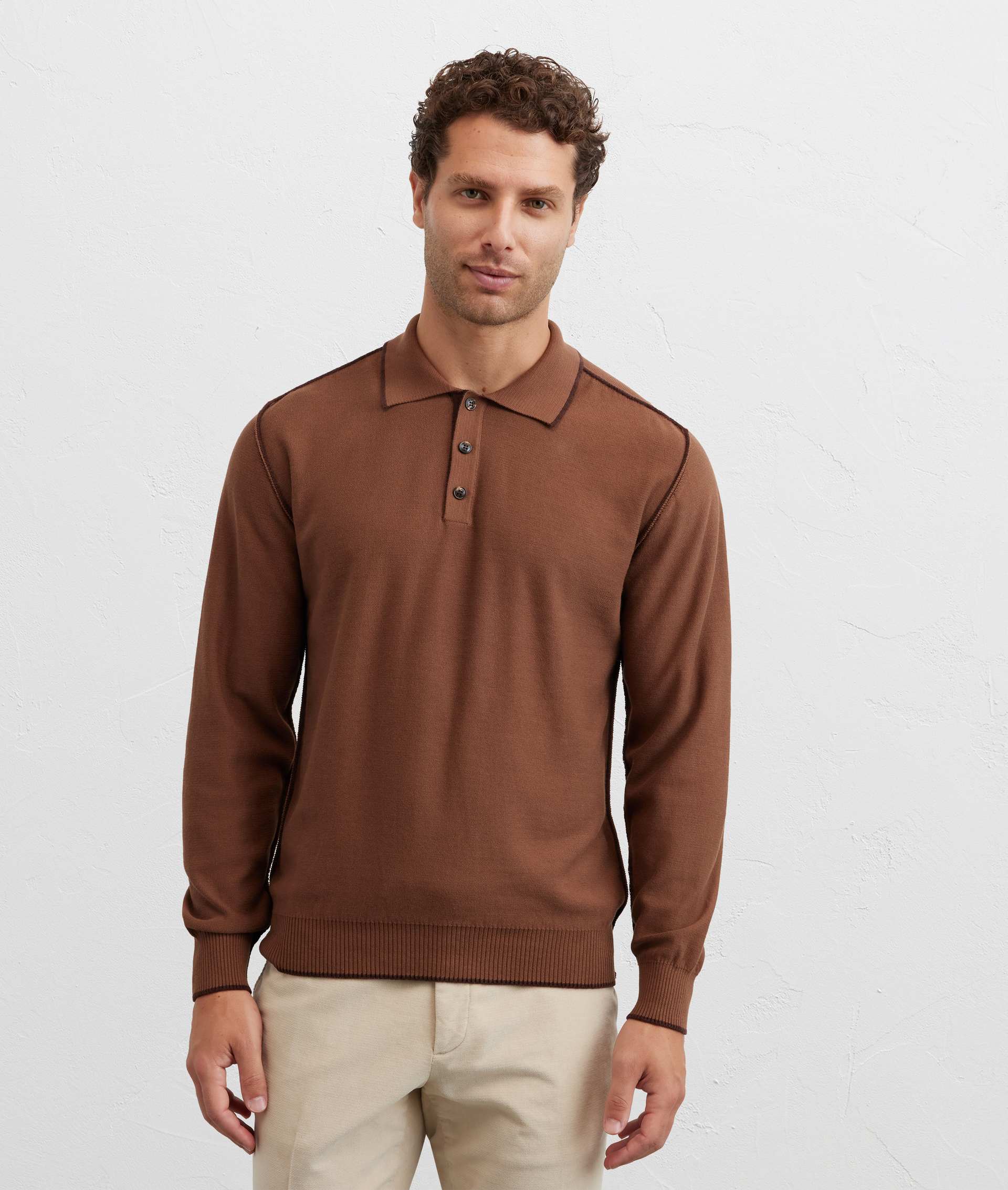 maglia girocollo a maniche lunghe regular fit in cotone e poliestere marrone - Pal Zileri | Official Website