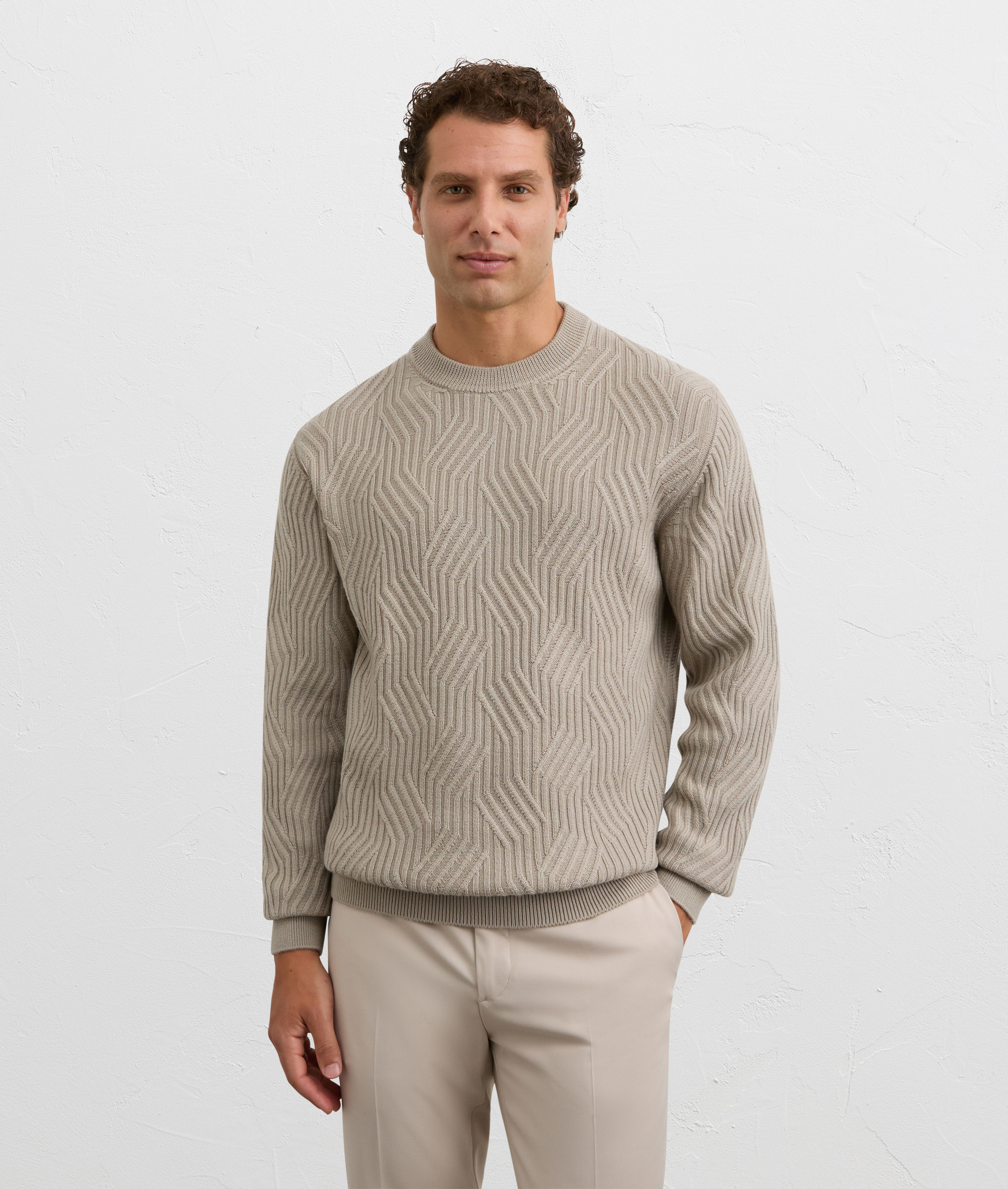 light brown merino wool regular fit crewneck sweater | Pal Zileri