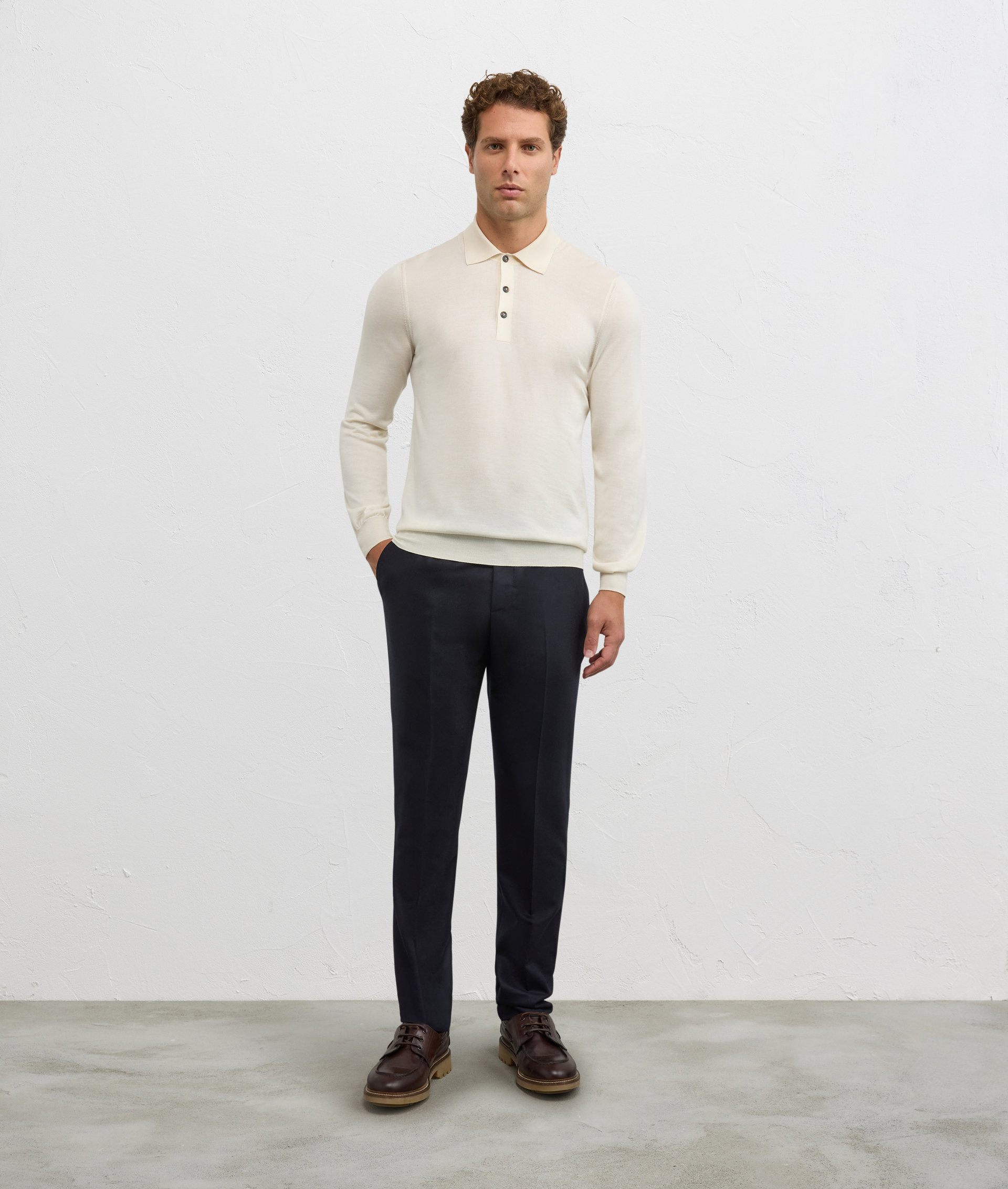 natural colour relaxed fit long sleeve polo shirt in wool and cashmere - Knitwear - Pal Zileri | Official Website