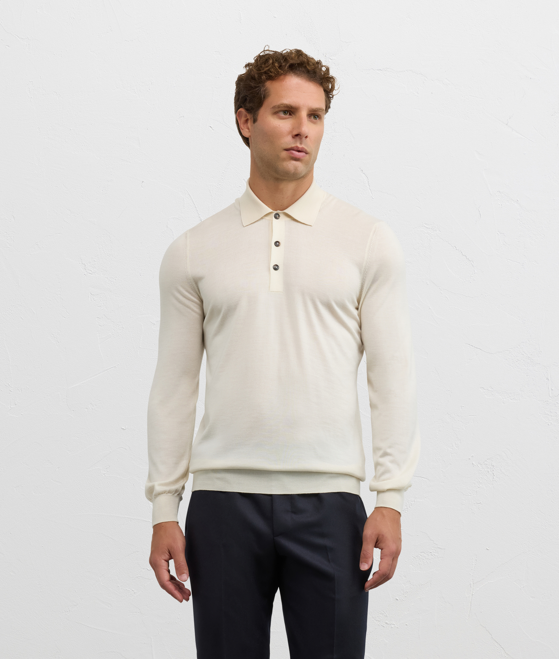 natural colour relaxed fit long sleeve polo shirt in wool and cashmere - Pal Zileri | Official Website