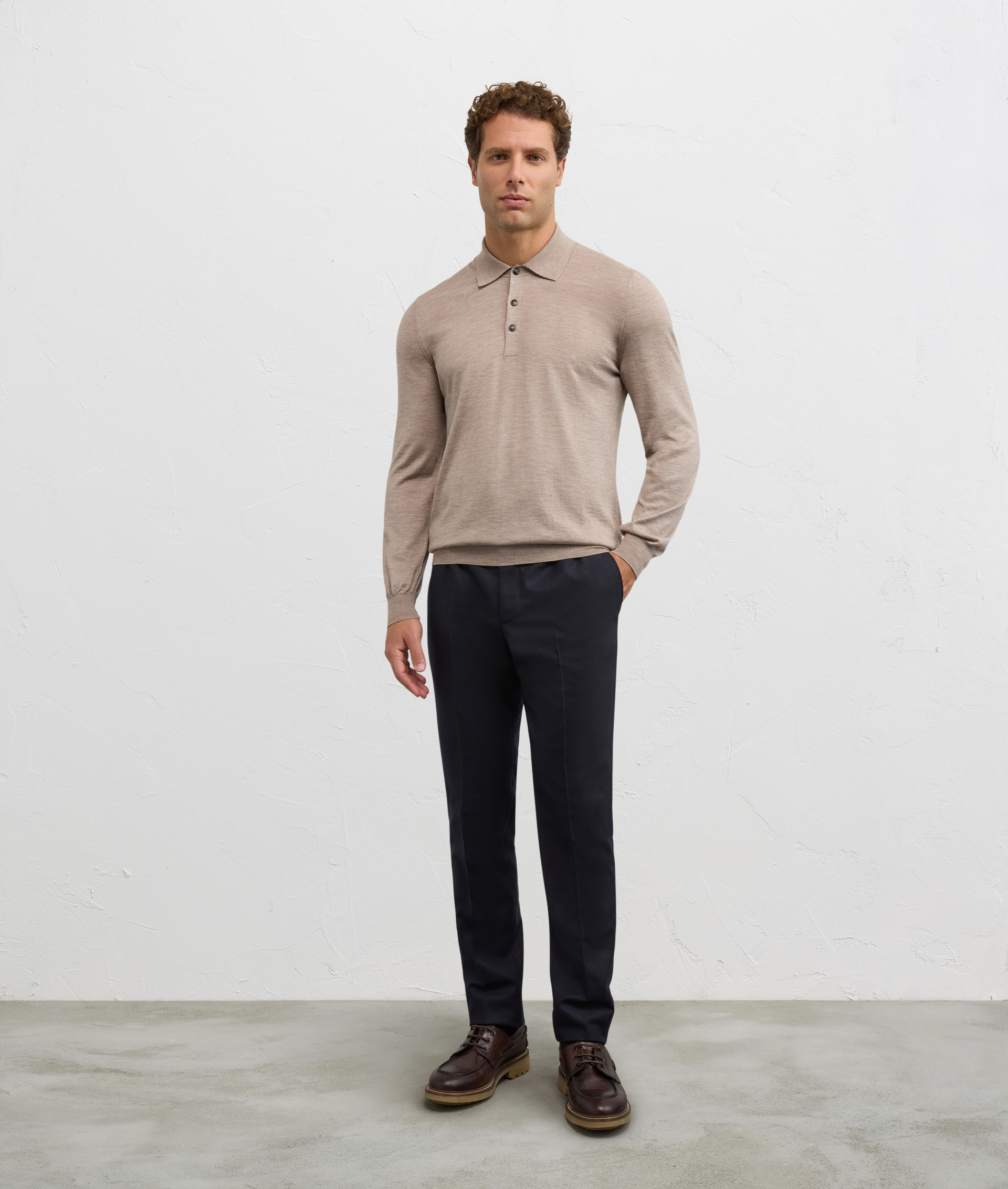 relaxed fit long sleeve polo in light brown wool and cashmere - Knitwear - Pal Zileri | Official Website