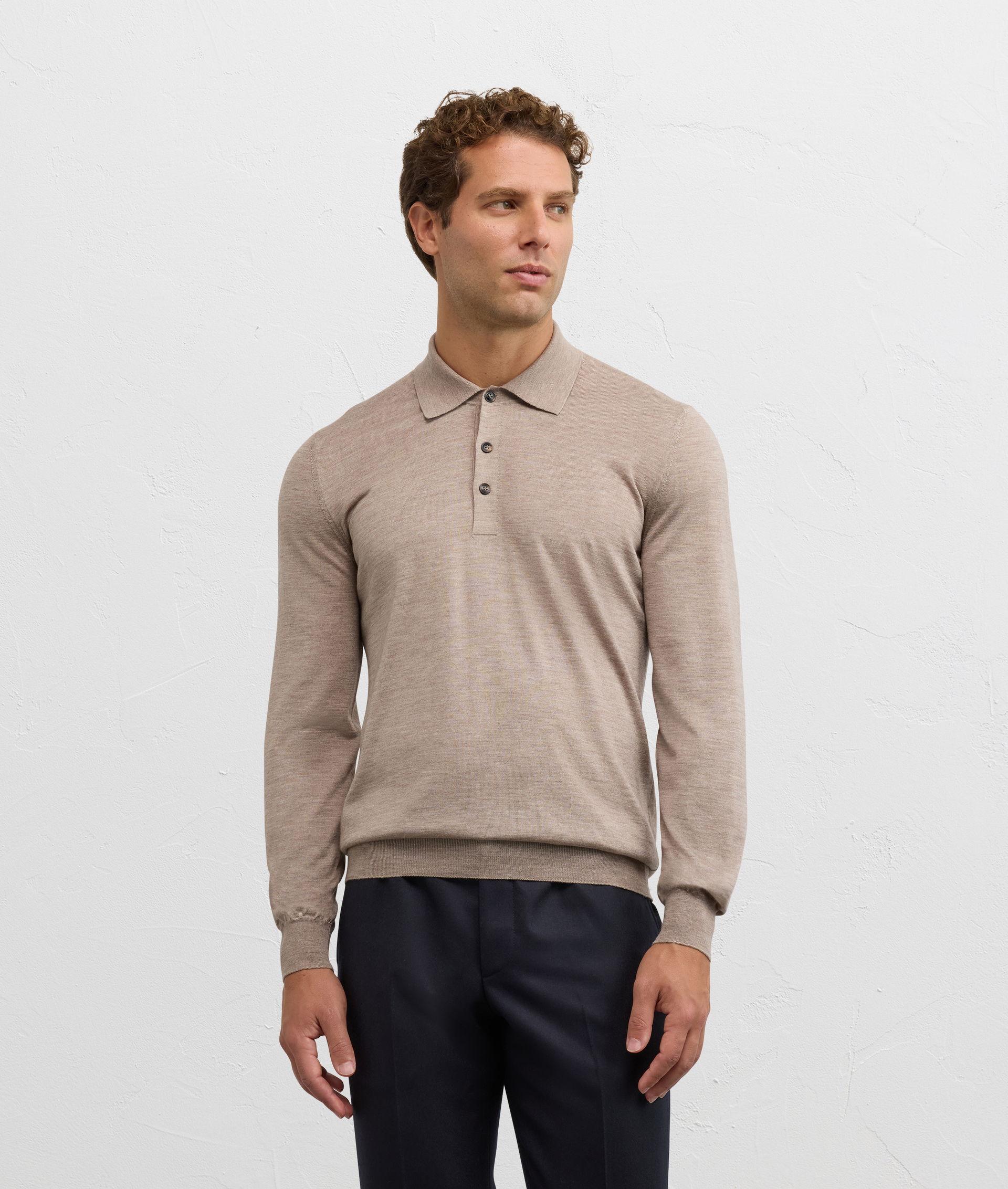 relaxed fit long sleeve polo in light brown wool and cashmere - Pal Zileri | Official Website