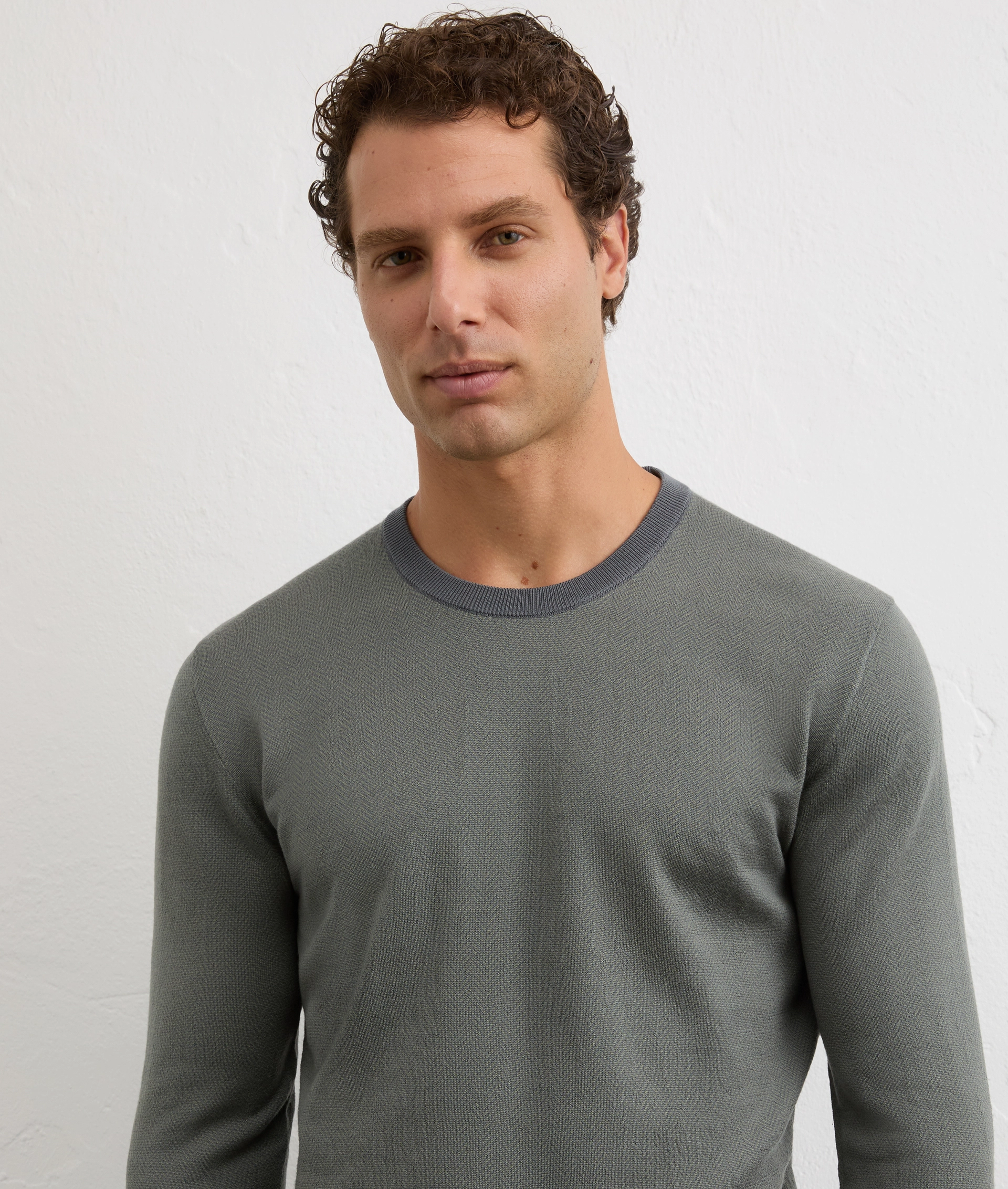 regular fit long sleeve crew neck sweater in grey merino wool | Pal Zileri