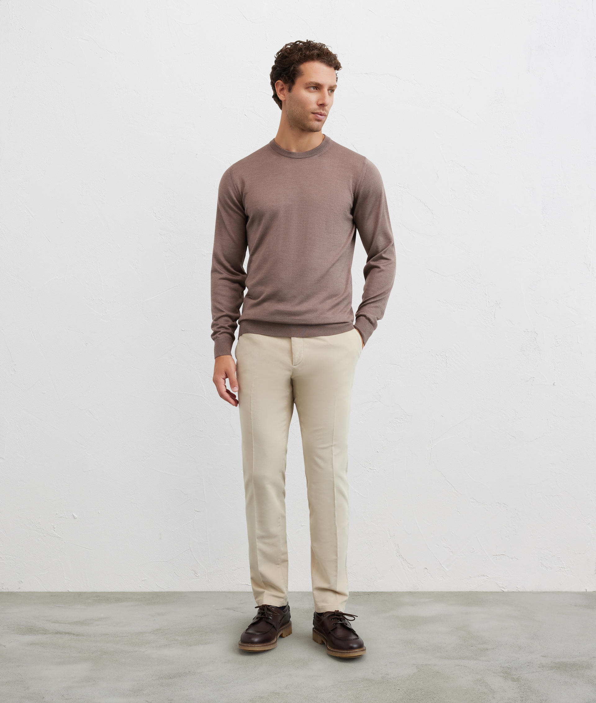 light brown silk and wool regular fit long sleeve crew neck sweater - Knitwear - Pal Zileri | Official Website