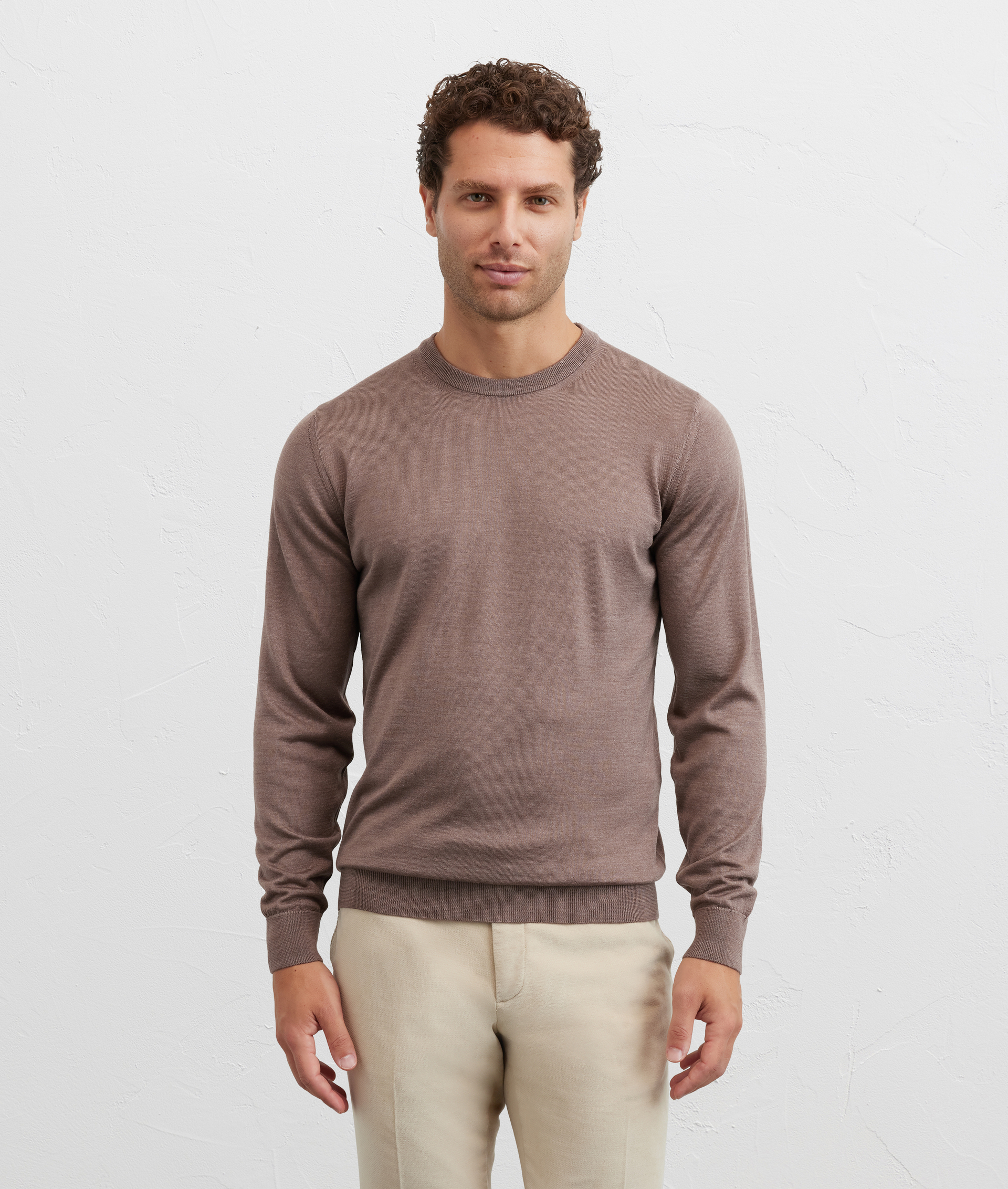 light brown silk and wool regular fit long sleeve crew neck sweater - Pal Zileri | Official Website