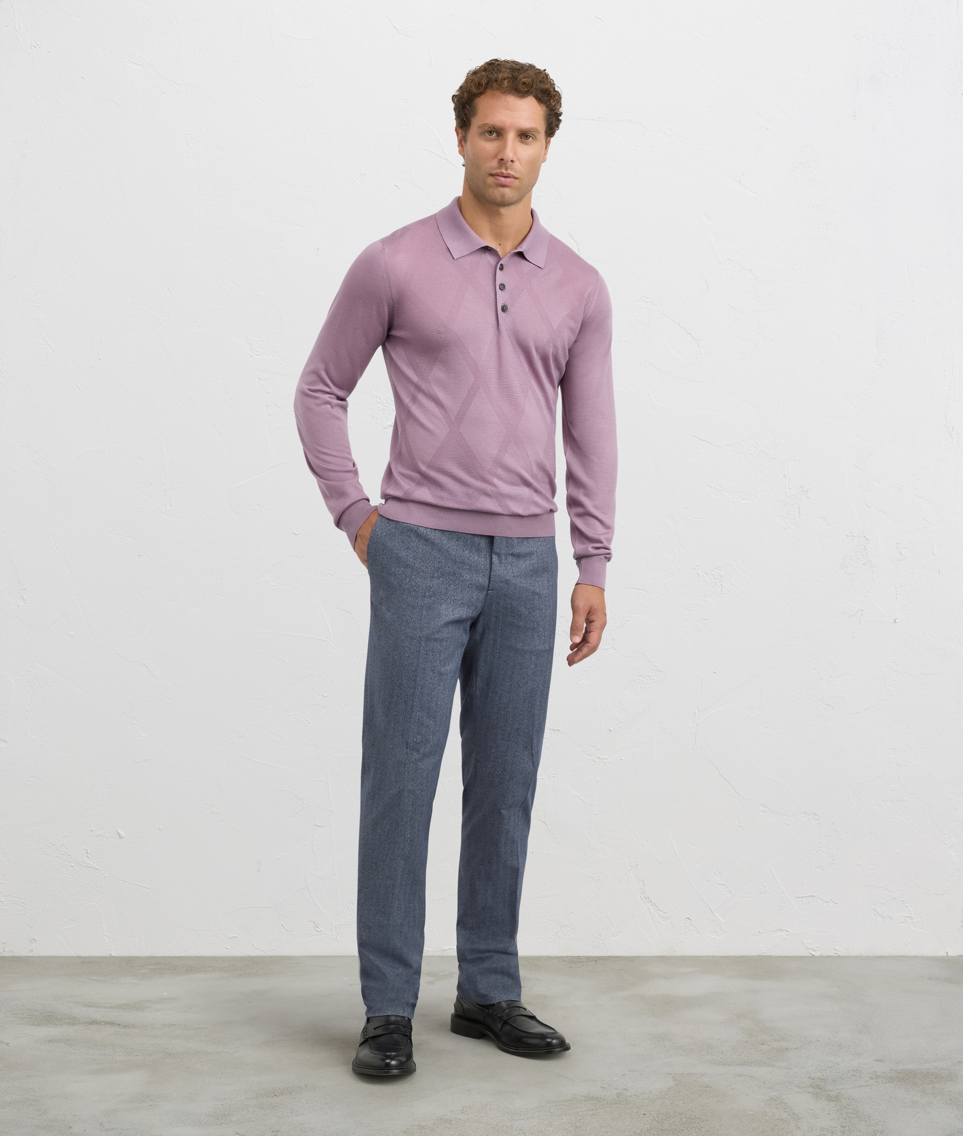 regular fit long sleeve polo in purple merino wool | Pal Zileri