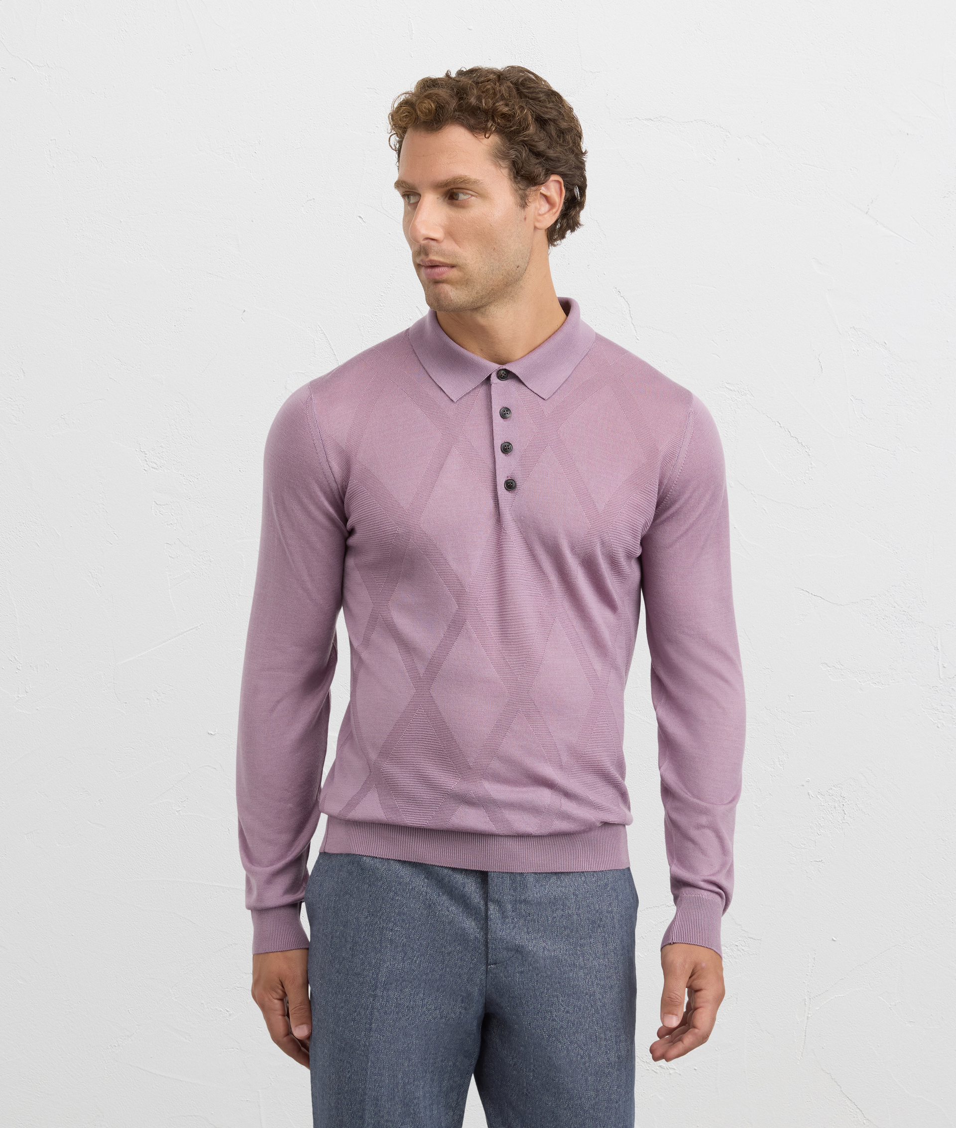 regular fit long sleeve polo in purple merino wool | Pal Zileri