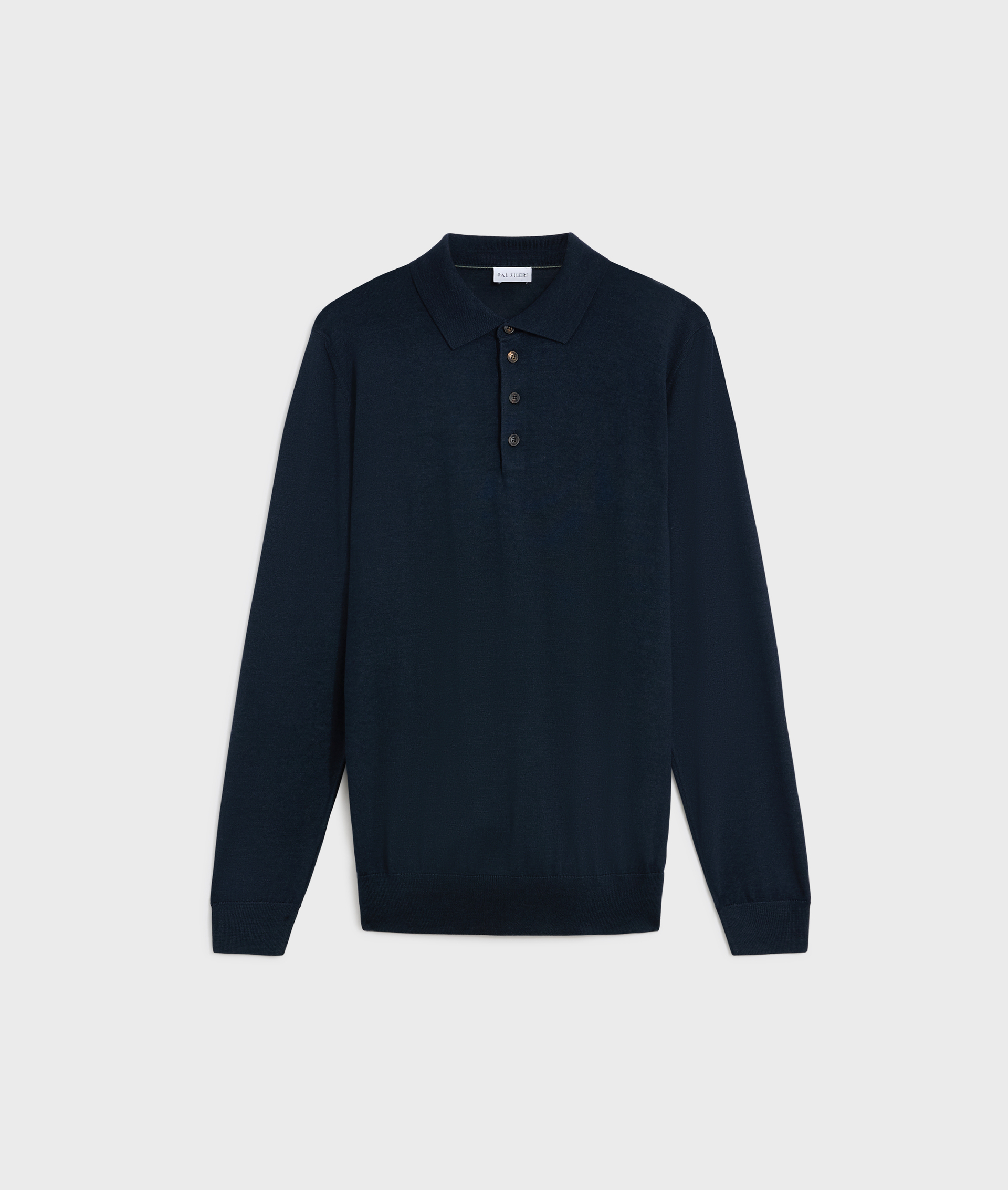 regular fit long sleeve polo in navy blue silk and wool | Pal Zileri