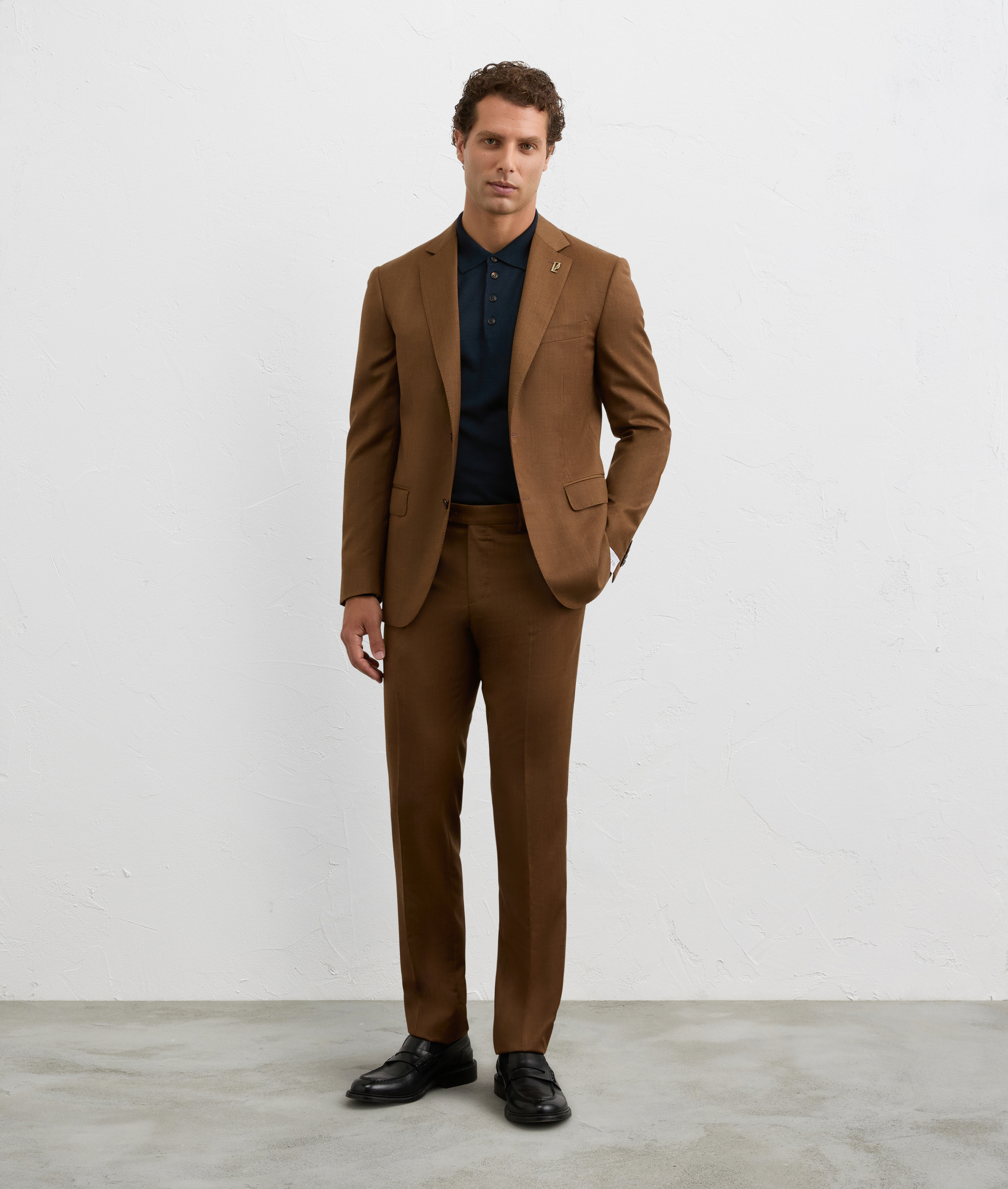 regular fit long sleeve polo in navy blue silk and wool | Pal Zileri