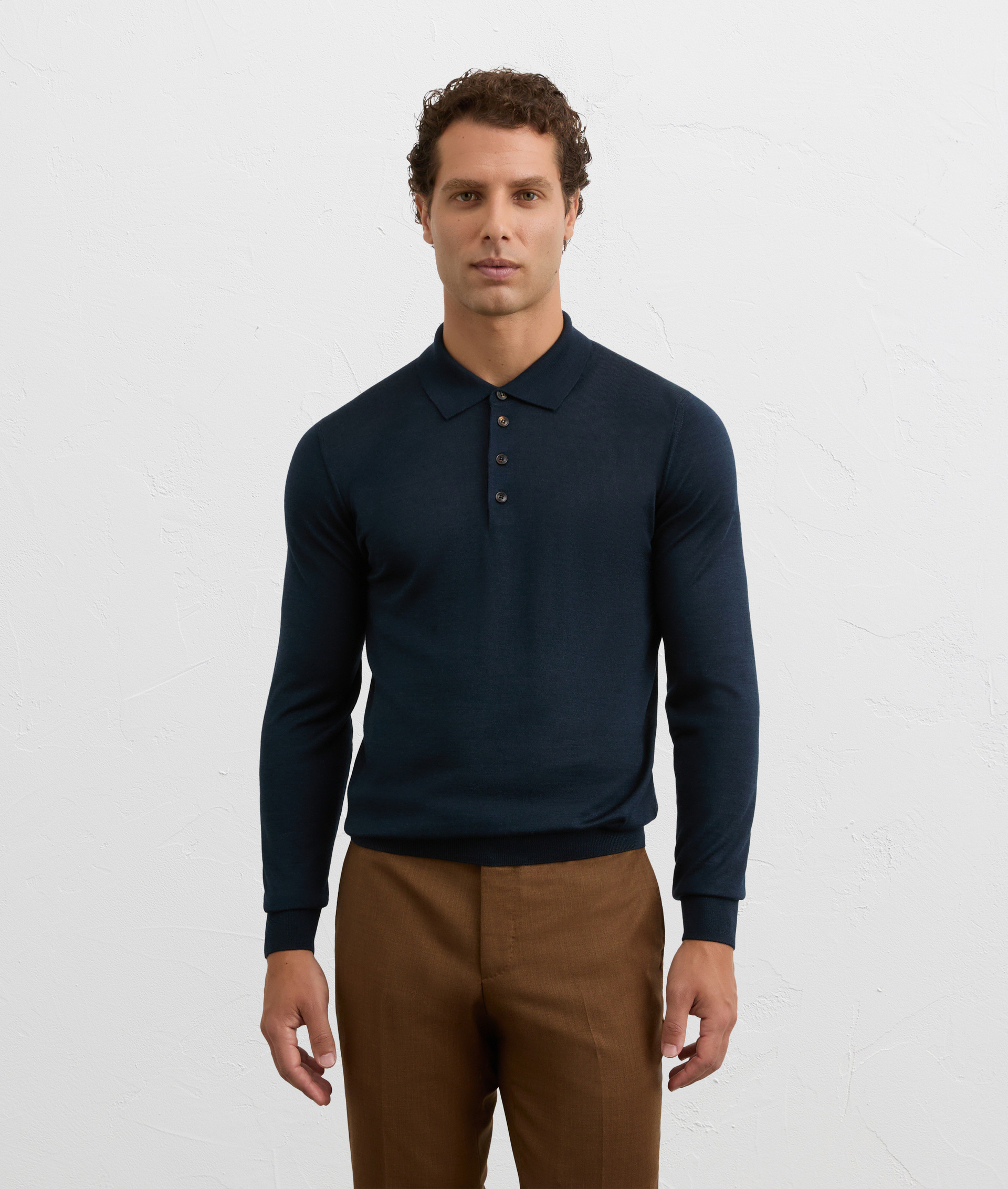 regular fit long sleeve polo in navy blue silk and wool | Pal Zileri