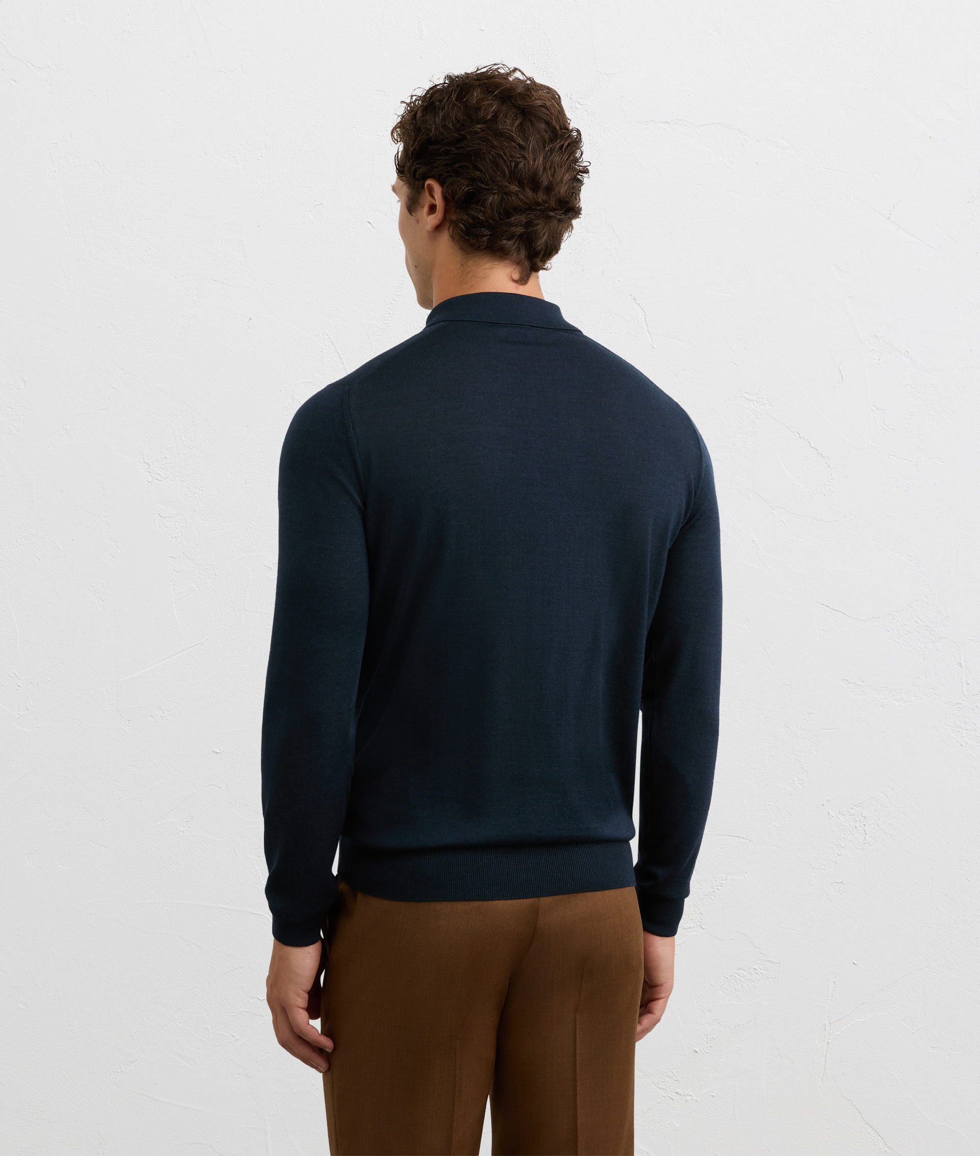 regular fit long sleeve polo in navy blue silk and wool | Pal Zileri